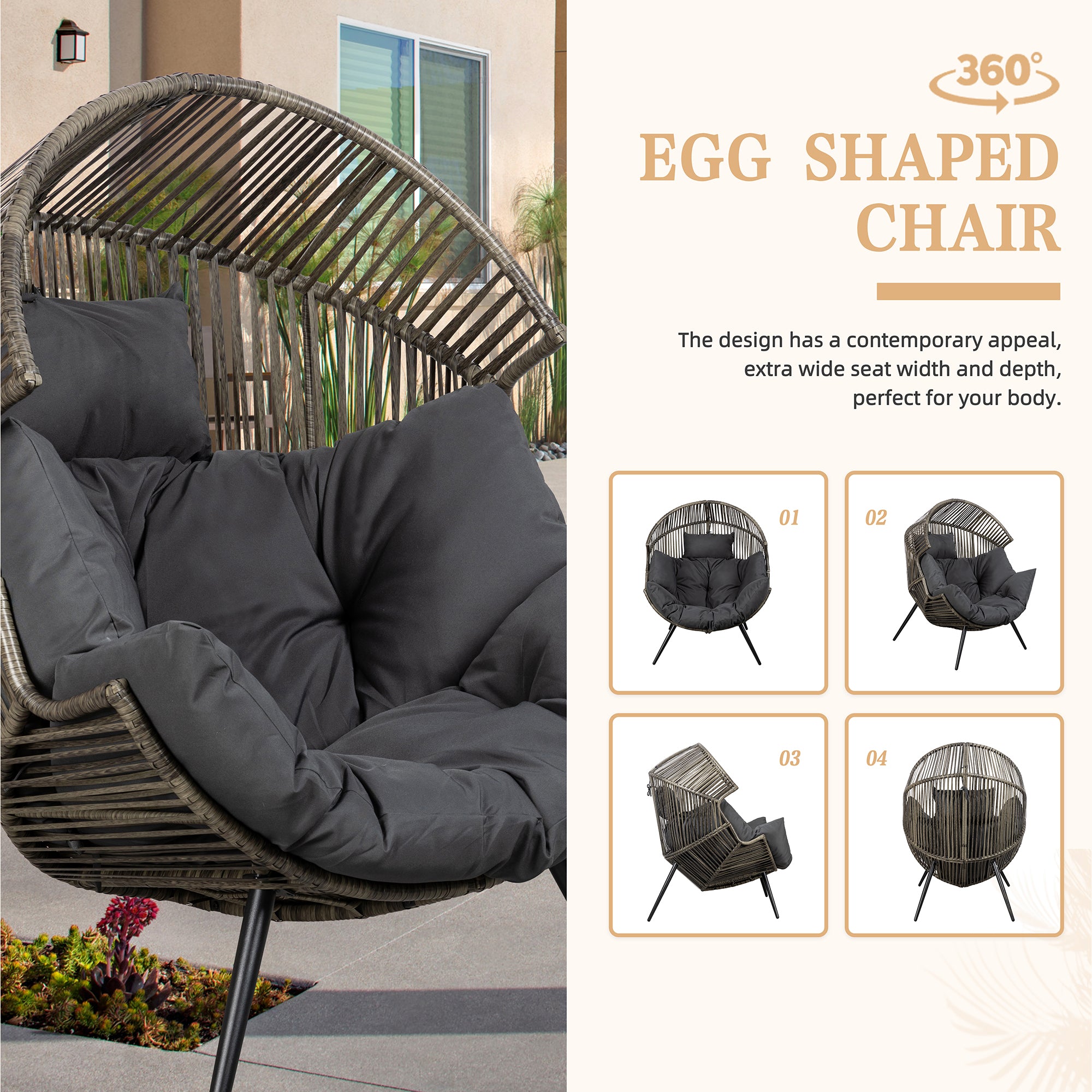 Vongrasig Outdoor Wicker Egg Chair PE Rattan Chair with Cushion, Oversized Patio Lounge Chair for Outdoor, Indoor, Balcony, Backyard, Garden