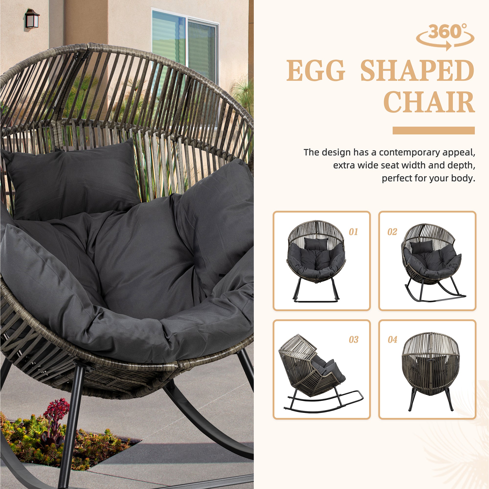 Vongrasig Outdoor Wicker Egg Chair PE Rattan Chair with Cushion, Oversized Patio Lounge Chair for Outdoor, Indoor, Balcony, Backyard, Garden