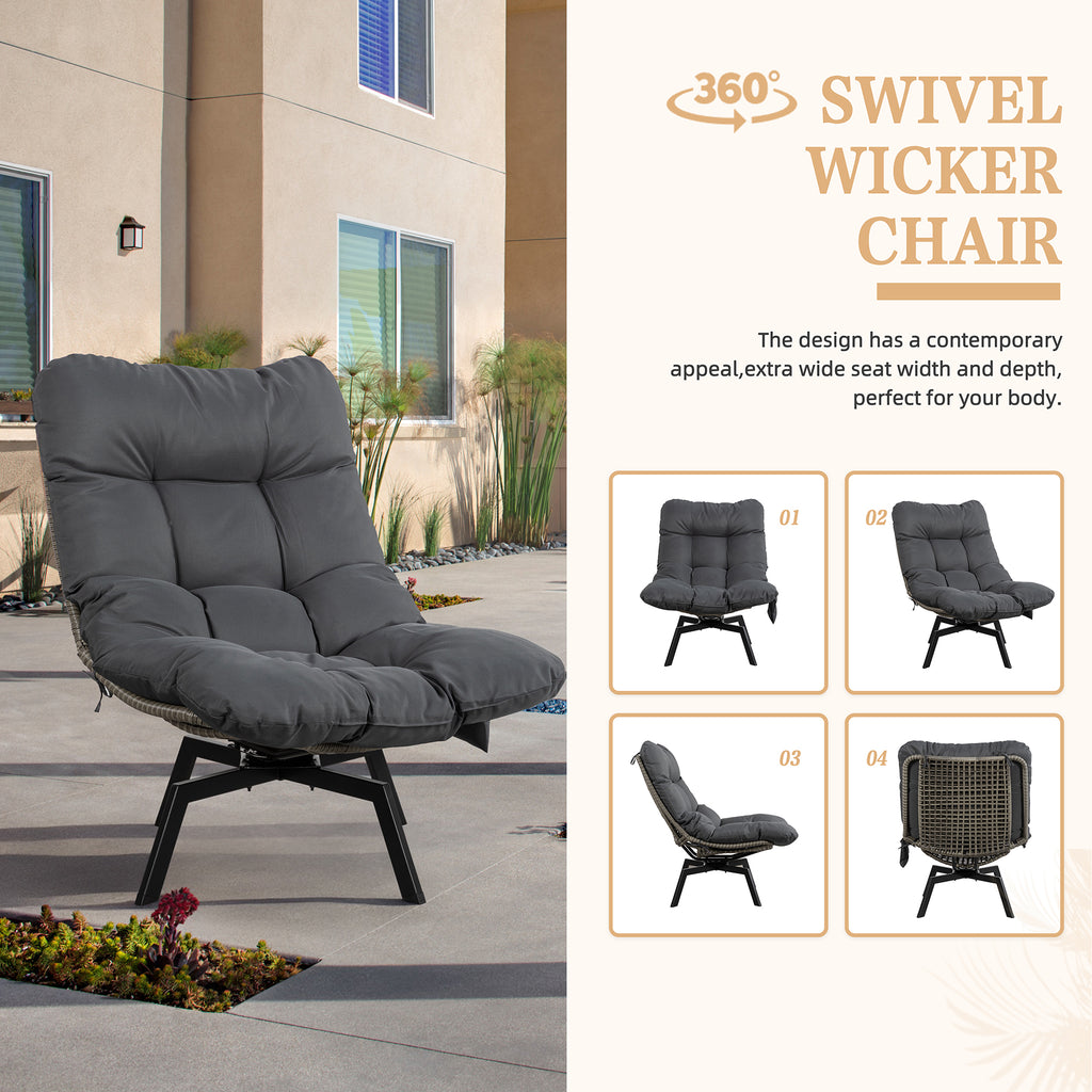 Vongrasig Swivel Wicker Chair PE Rattan Chair with Cushion, Oversized Patio Lounge Chair for Outdoor, Indoor, Balcony, Backyard, Garden, Living Room