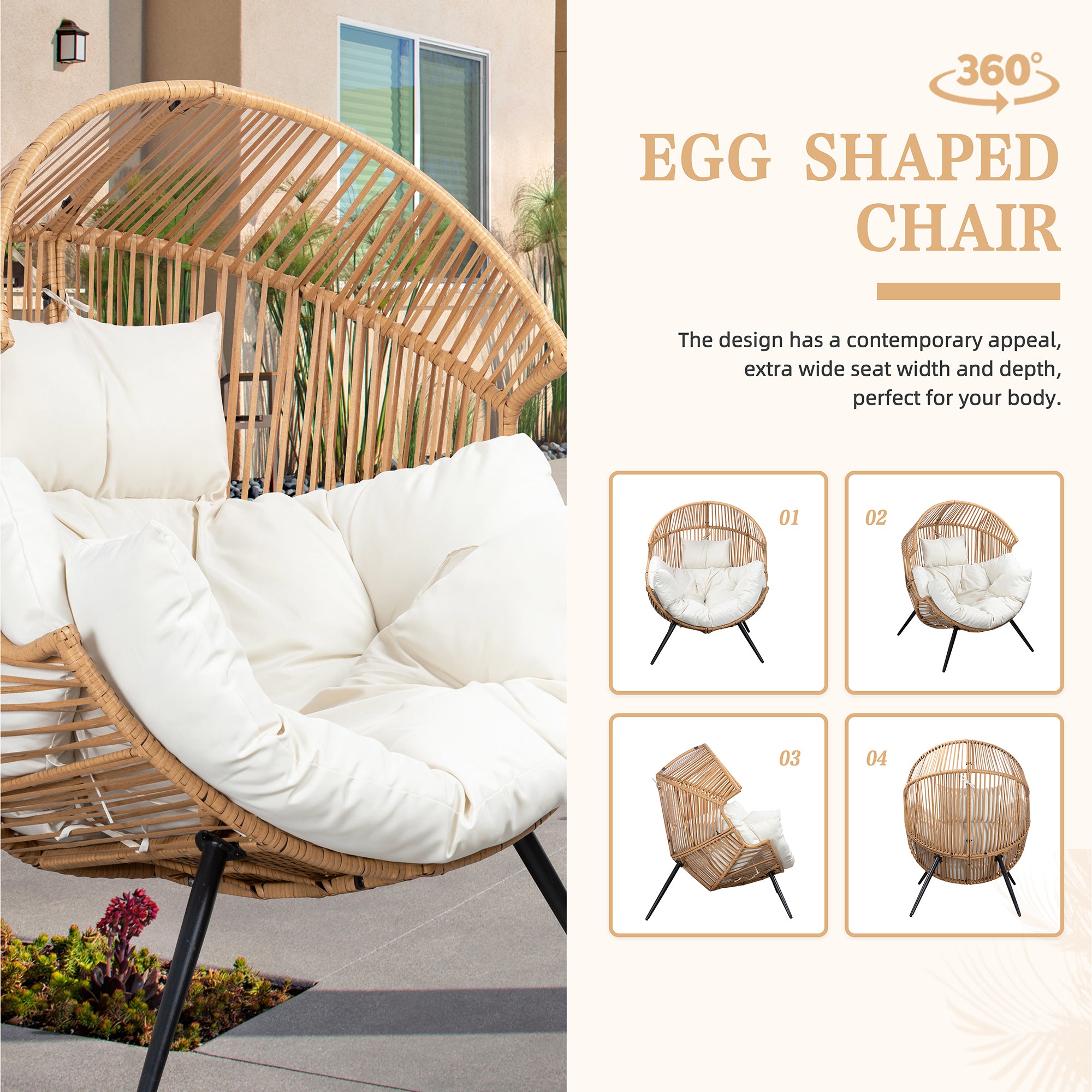 Vongrasig Outdoor Wicker Egg Chair PE Rattan Chair with Cushion, Oversized Patio Lounge Chair for Outdoor, Indoor, Balcony, Backyard, Garden