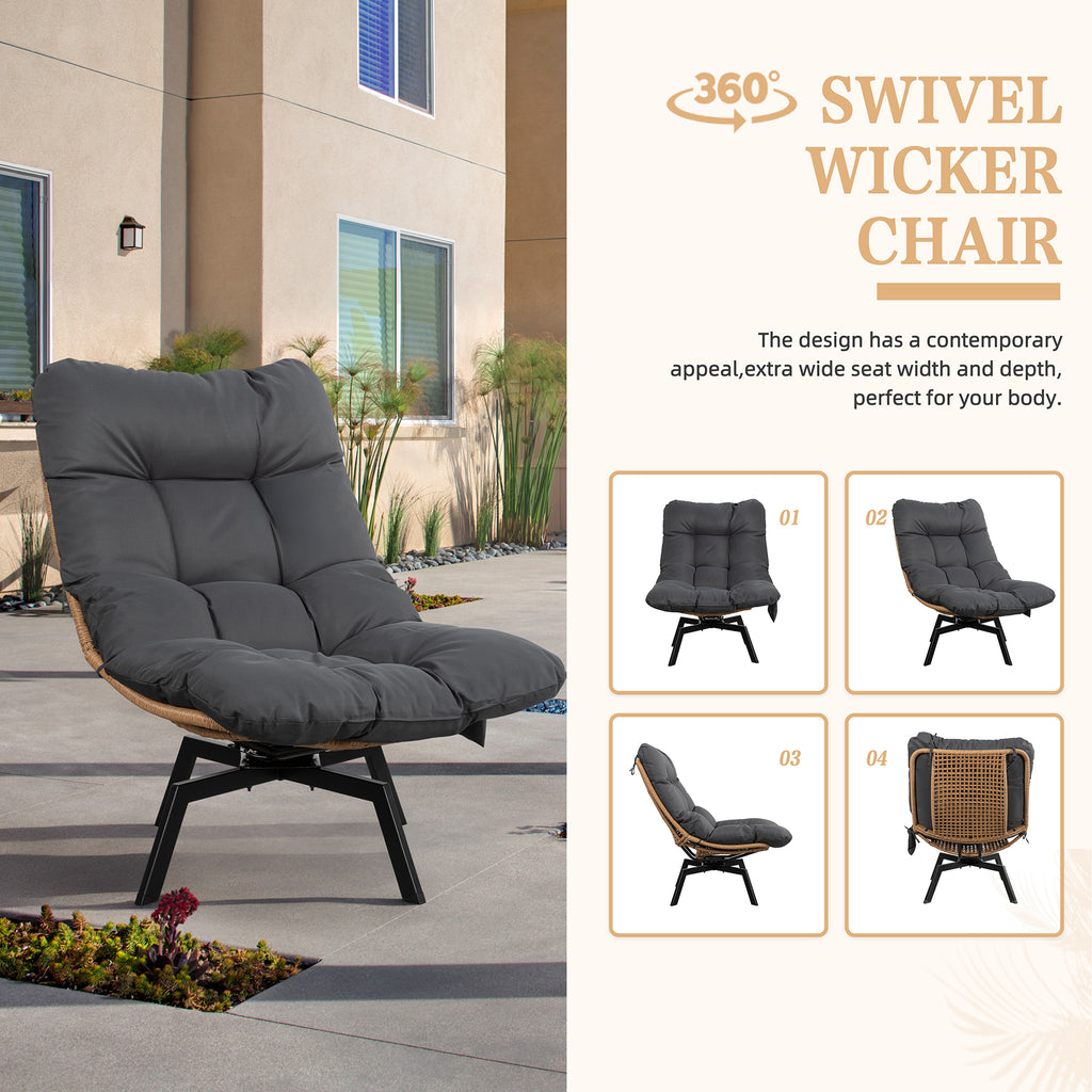 Vongrasig Swivel Wicker Chair PE Rattan Chair with Cushion, Oversized Patio Lounge Chair for Outdoor, Indoor, Balcony, Backyard, Garden, Living Room