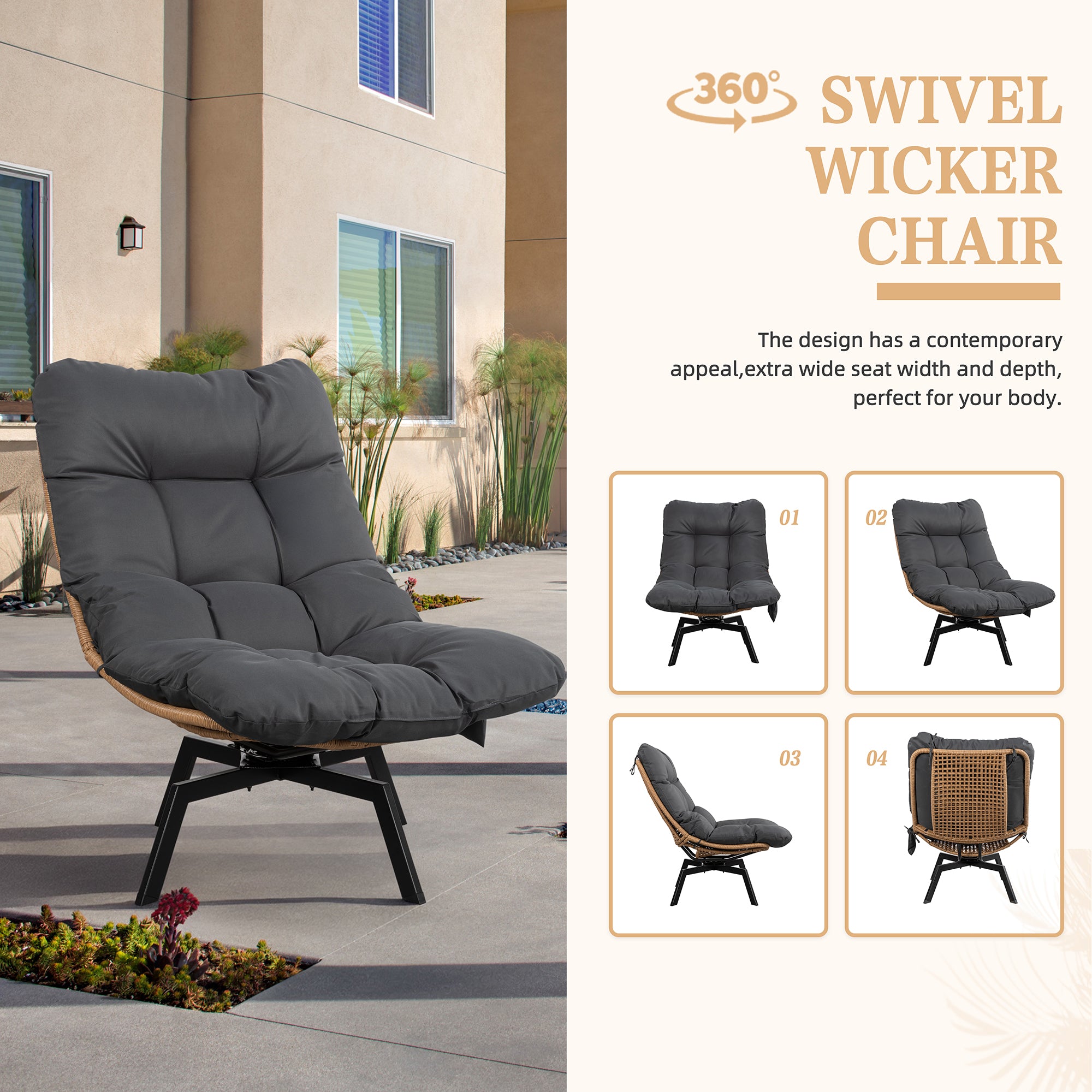 Vongrasig Swivel Wicker Chair PE Rattan Chair with Cushion, Oversized Patio Lounge Chair for Outdoor, Indoor, Balcony, Backyard, Garden, Living Room