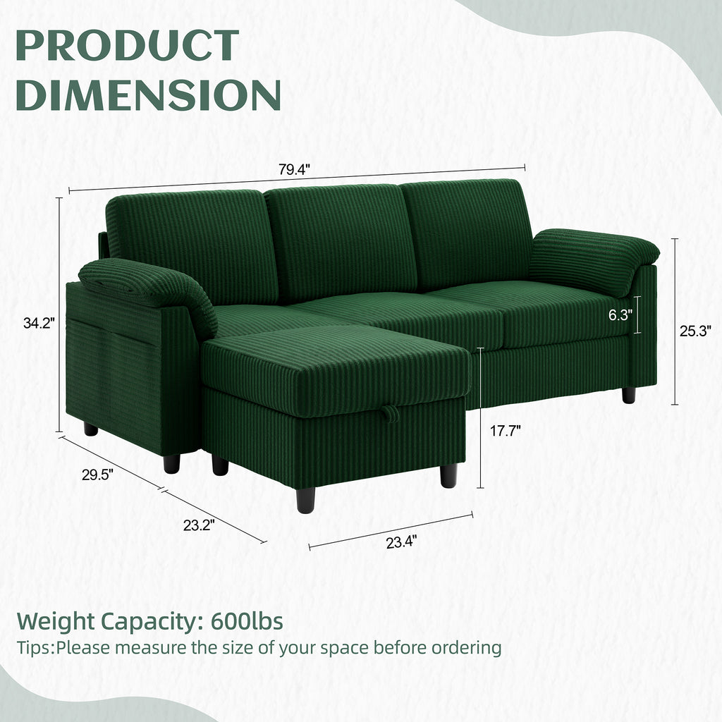 Vongrasig Convertible Sectional Sofa Couch, 3 Seat L Shaped Sofa with Removable Pillows Soft Corduroy Fabric Small Couch Mid Century for Living Room, Apartment and Office, Green