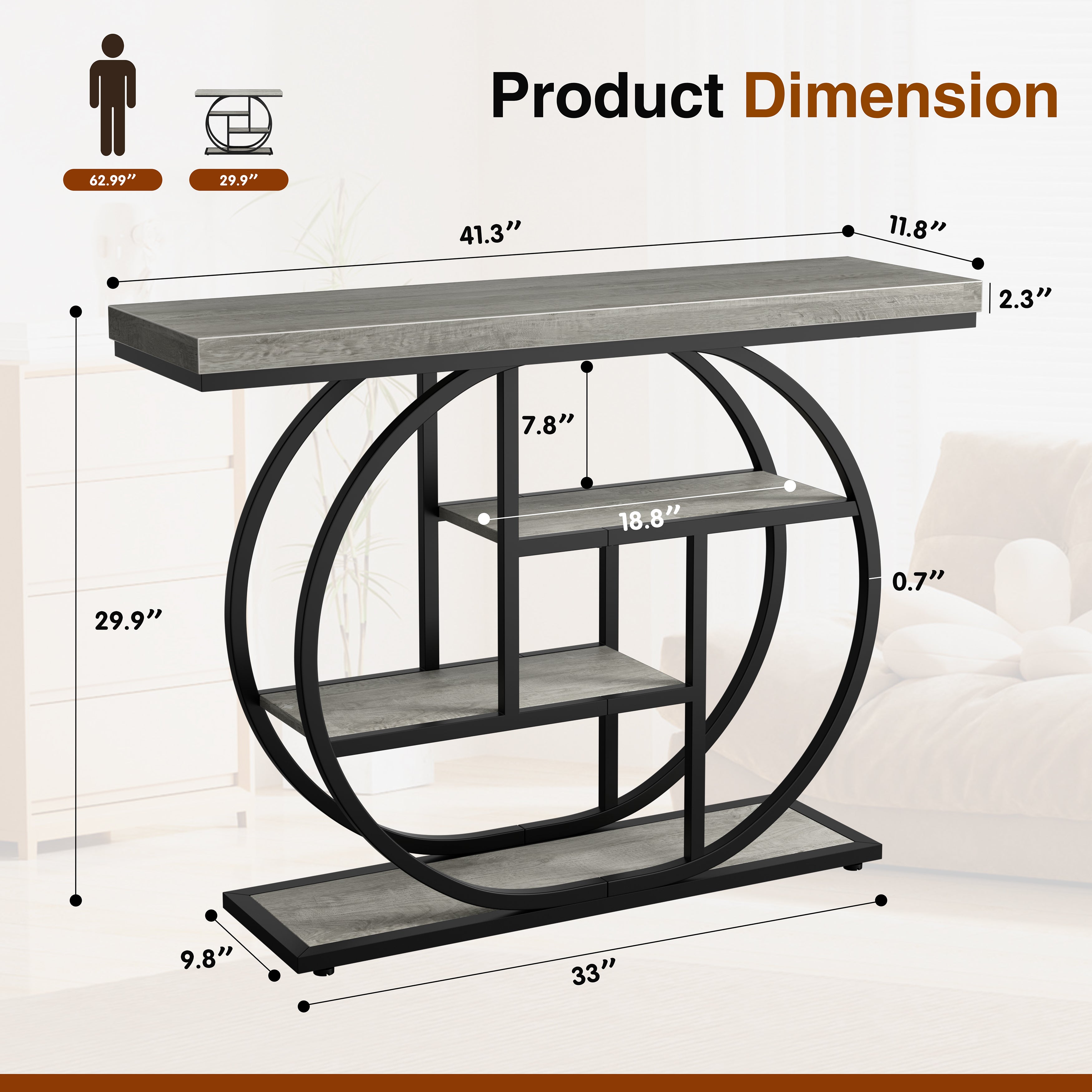Vongrasig Console Table with Circle Base, Industrial Narrow Entryway Table with Storage, 4-Tier Wood Sofa Table for Living Room, Hallway