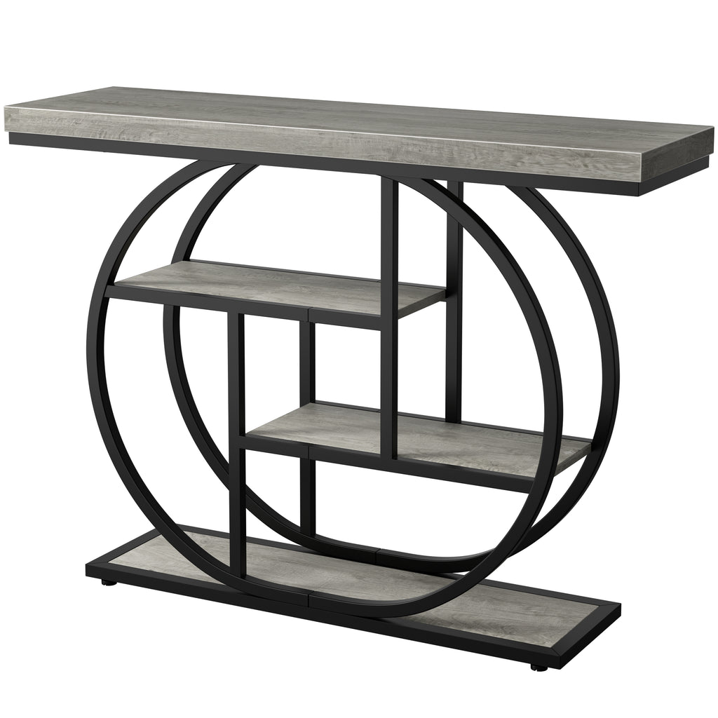 Vongrasig Console Table with Circle Base, Industrial Narrow Entryway Table with Storage, 4-Tier Wood Sofa Table for Living Room, Hallway