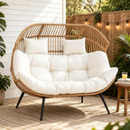 Vongrasig Wicker Double Egg Chair PE Rattan with Thicken Padded Cushion, 2 Person Oversized Patio Lounge Loveseat Chair for Outdoor, Indoor, Balcony, Backyard, Garden, Beige