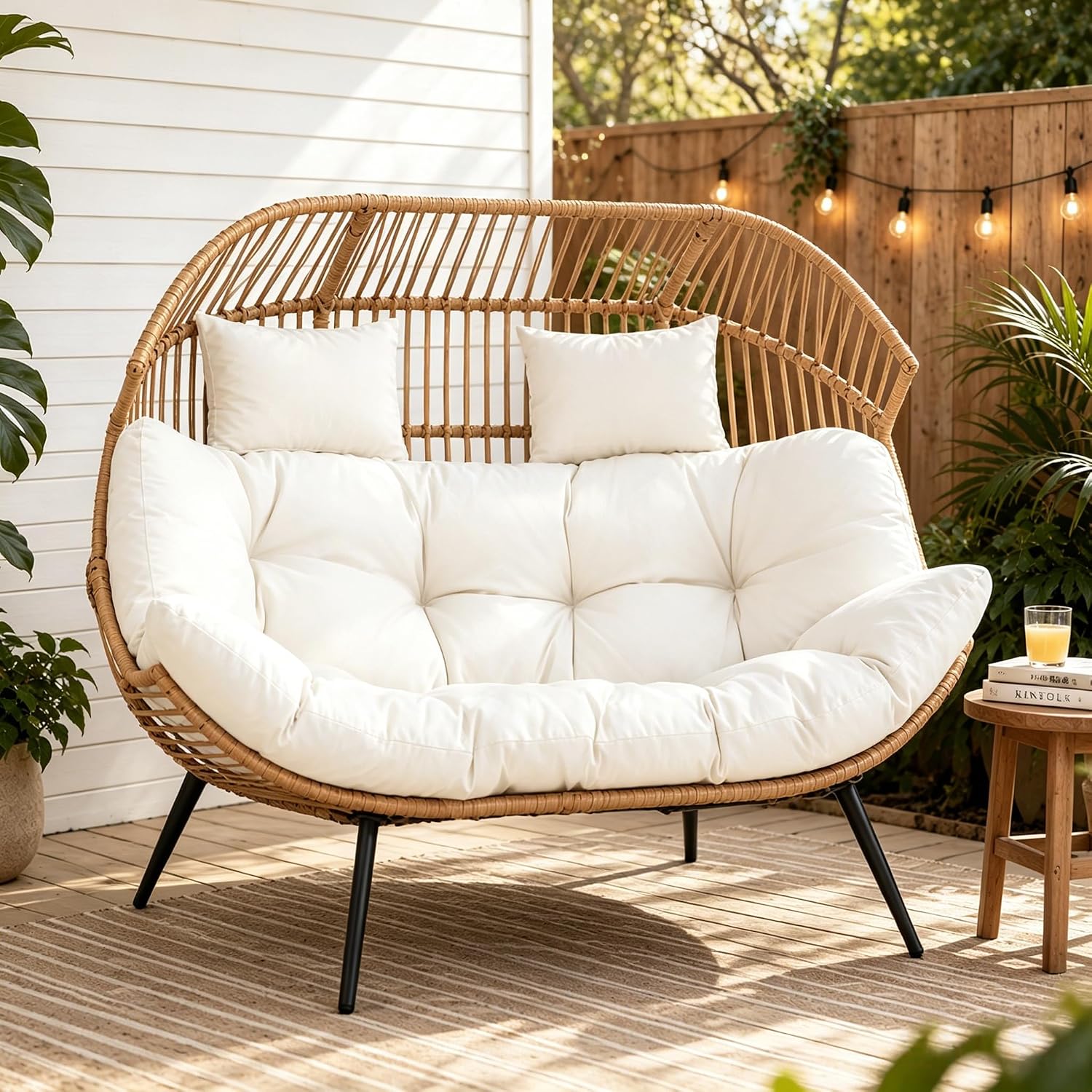 Vongrasig Wicker Double Egg Chair PE Rattan with Thicken Padded Cushion, 2 Person Oversized Patio Lounge Loveseat Chair for Outdoor, Indoor, Balcony, Backyard, Garden, Beige
