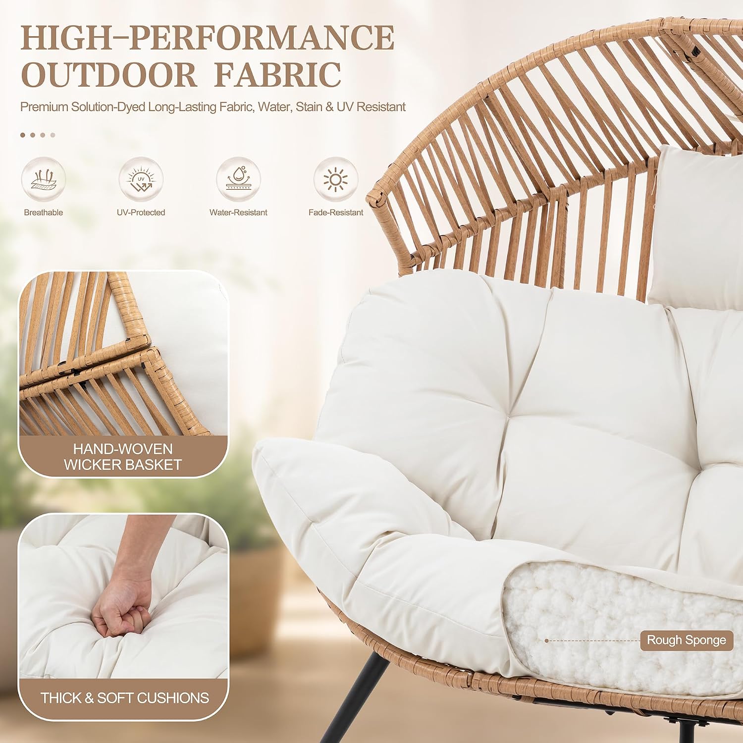 Vongrasig Wicker Double Egg Chair PE Rattan with Thicken Padded Cushion, 2 Person Oversized Patio Lounge Loveseat Chair for Outdoor, Indoor, Balcony, Backyard, Garden, Beige