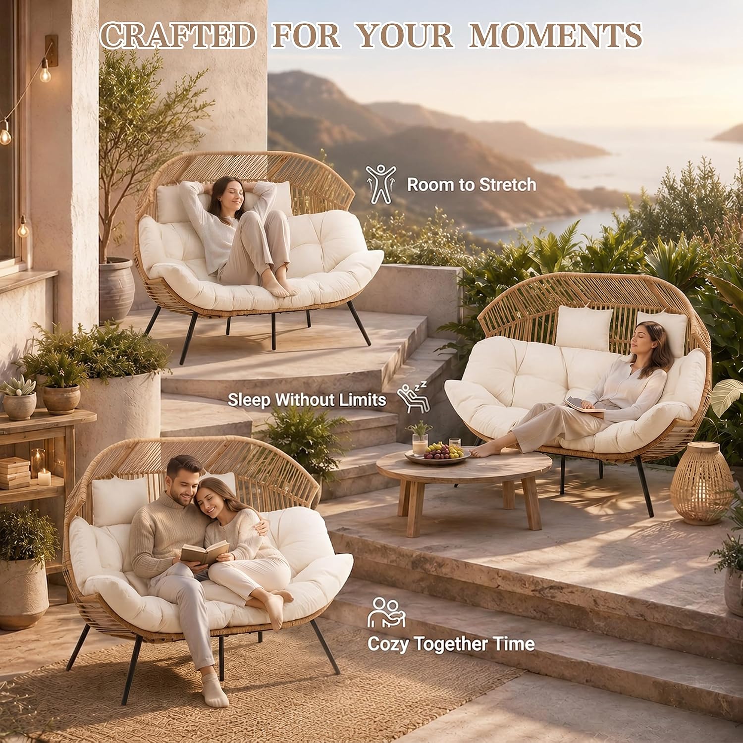 Vongrasig Wicker Double Egg Chair PE Rattan with Thicken Padded Cushion, 2 Person Oversized Patio Lounge Loveseat Chair for Outdoor, Indoor, Balcony, Backyard, Garden, Beige