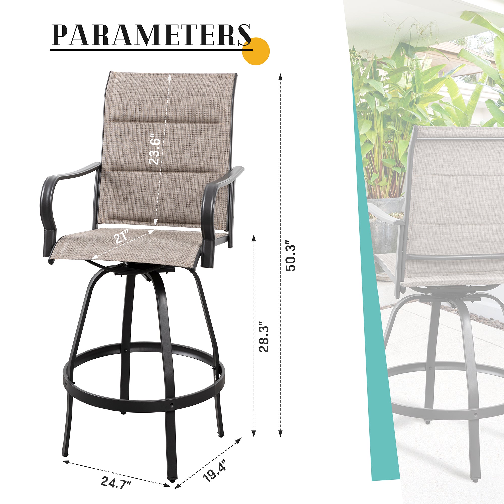 Vongrasig 2 Piece Patio Swivel Bar Chairs, All Weather Metal Textile High Swivel Bar Stools Chairs, Outdoor High Top Bistro Set for Backyard, Lawn Garden, Balcony