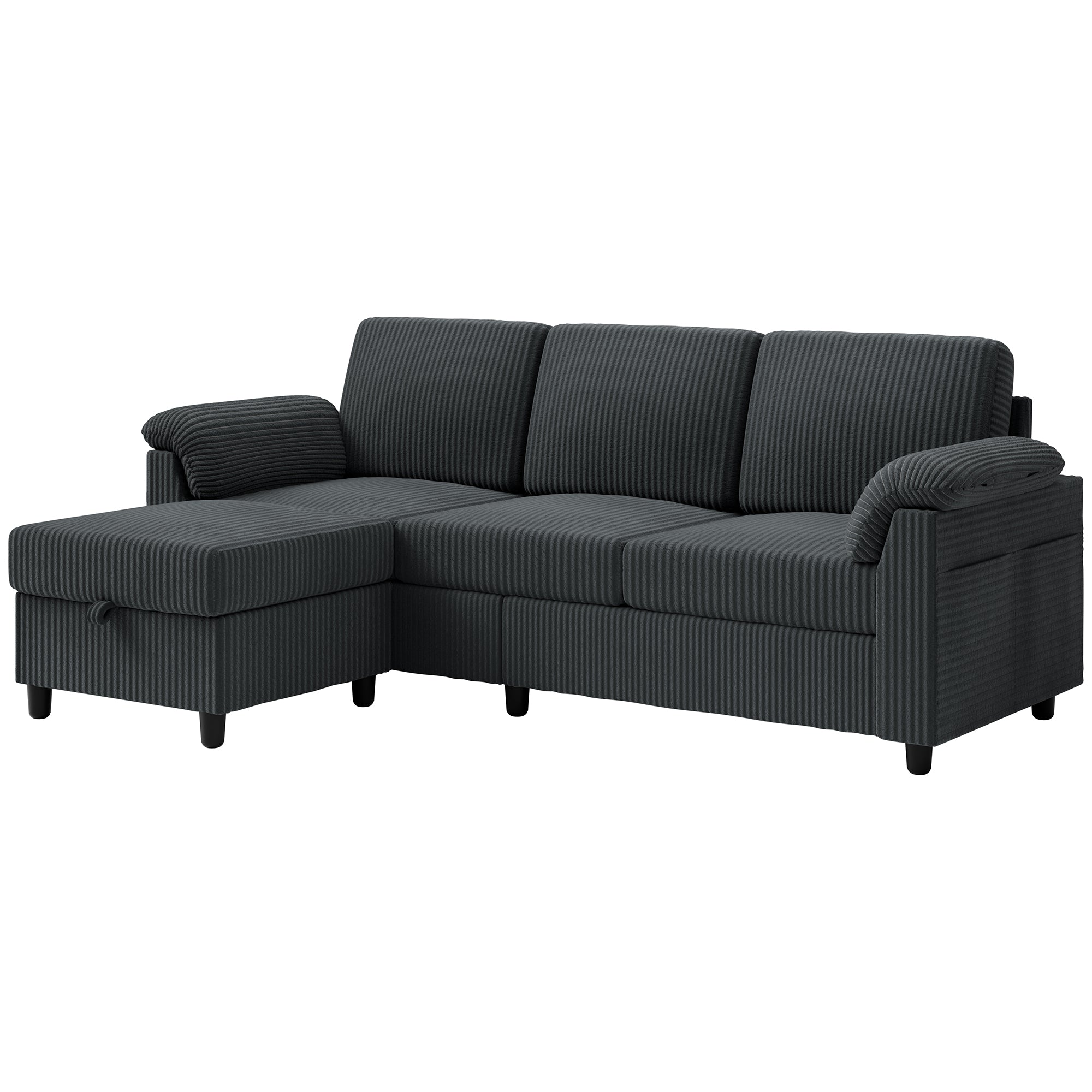 Vongrasig Convertible Sectional Sofa Couch, 3 Seat L Shaped Sofa with Removable Pillows Soft Corduroy Fabric Small Couch Mid Century for Living Room, Apartment and Office, Dark Grey