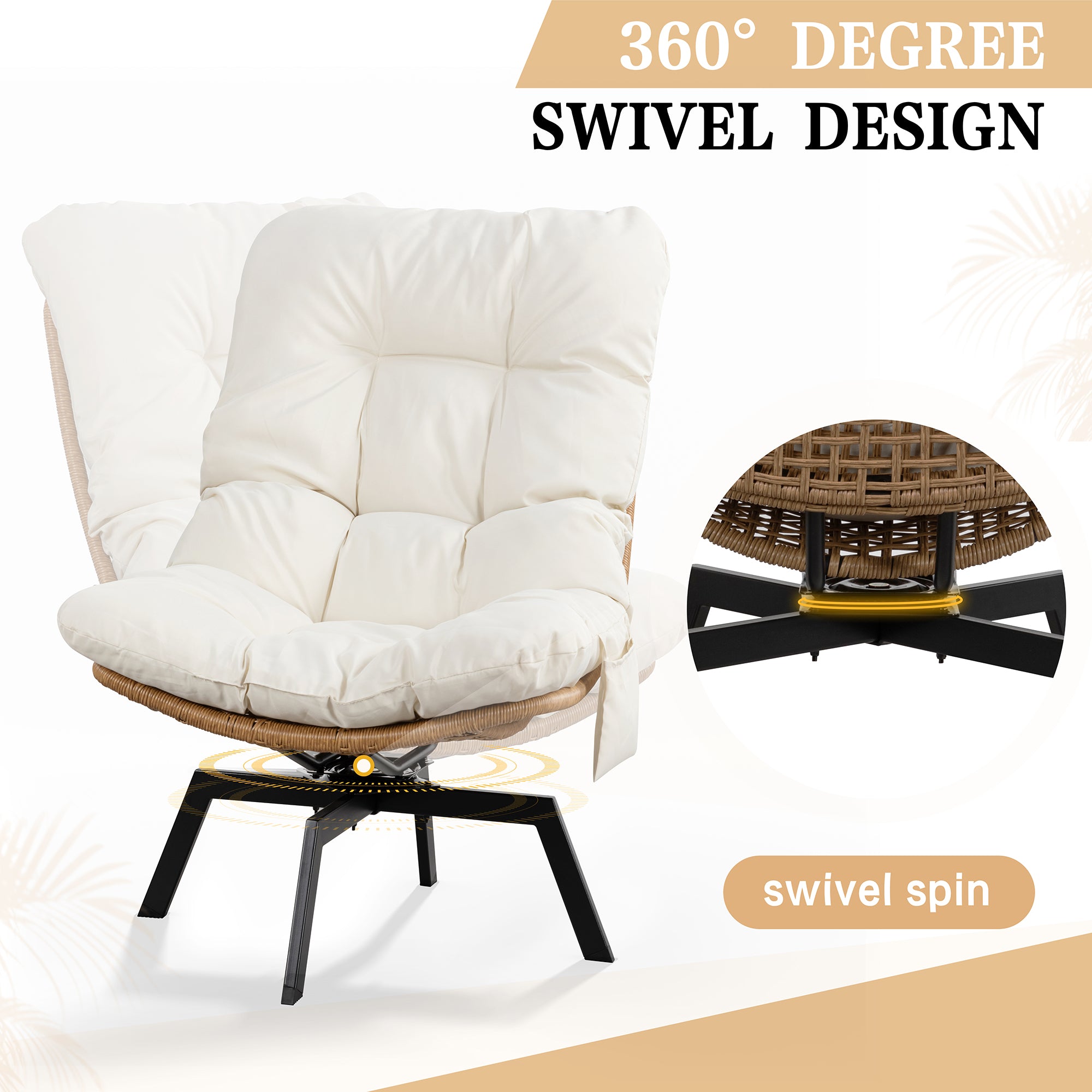 Vongrasig Swivel Wicker Chair PE Rattan Chair with Cushion, Oversized Patio Lounge Chair for Outdoor, Indoor, Balcony, Backyard, Garden, Living Room
