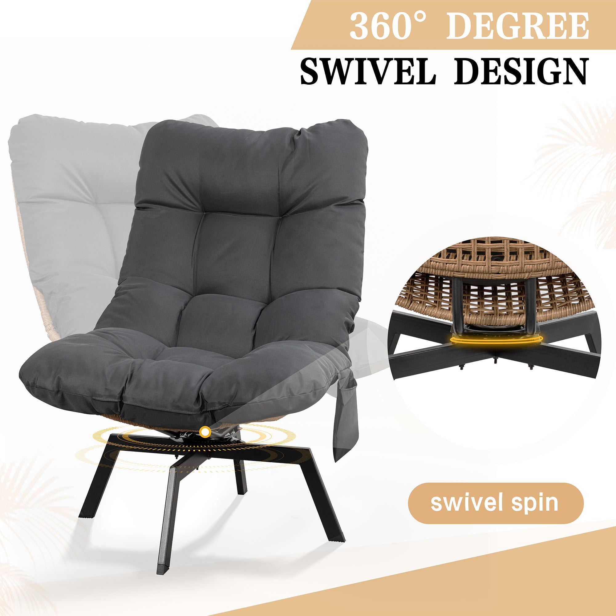 Vongrasig Swivel Wicker Chair PE Rattan Chair with Cushion, Oversized Patio Lounge Chair for Outdoor, Indoor, Balcony, Backyard, Garden, Living Room