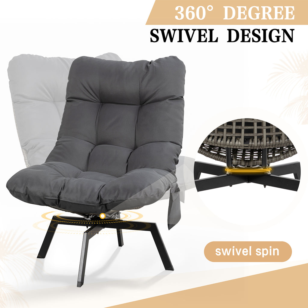 Vongrasig Swivel Wicker Chair PE Rattan Chair with Cushion, Oversized Patio Lounge Chair for Outdoor, Indoor, Balcony, Backyard, Garden, Living Room