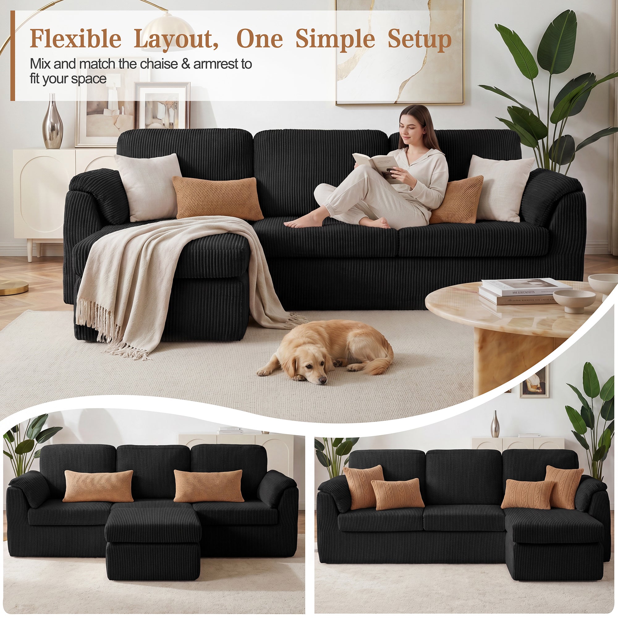 Vongrasig Boneless Convertible Sectional Sofa Couch, 3 Seat L Shaped Sofa with Removable Pillows Plush Corduroy Fabric Small Couches for Living Room, Apartment and Office, White