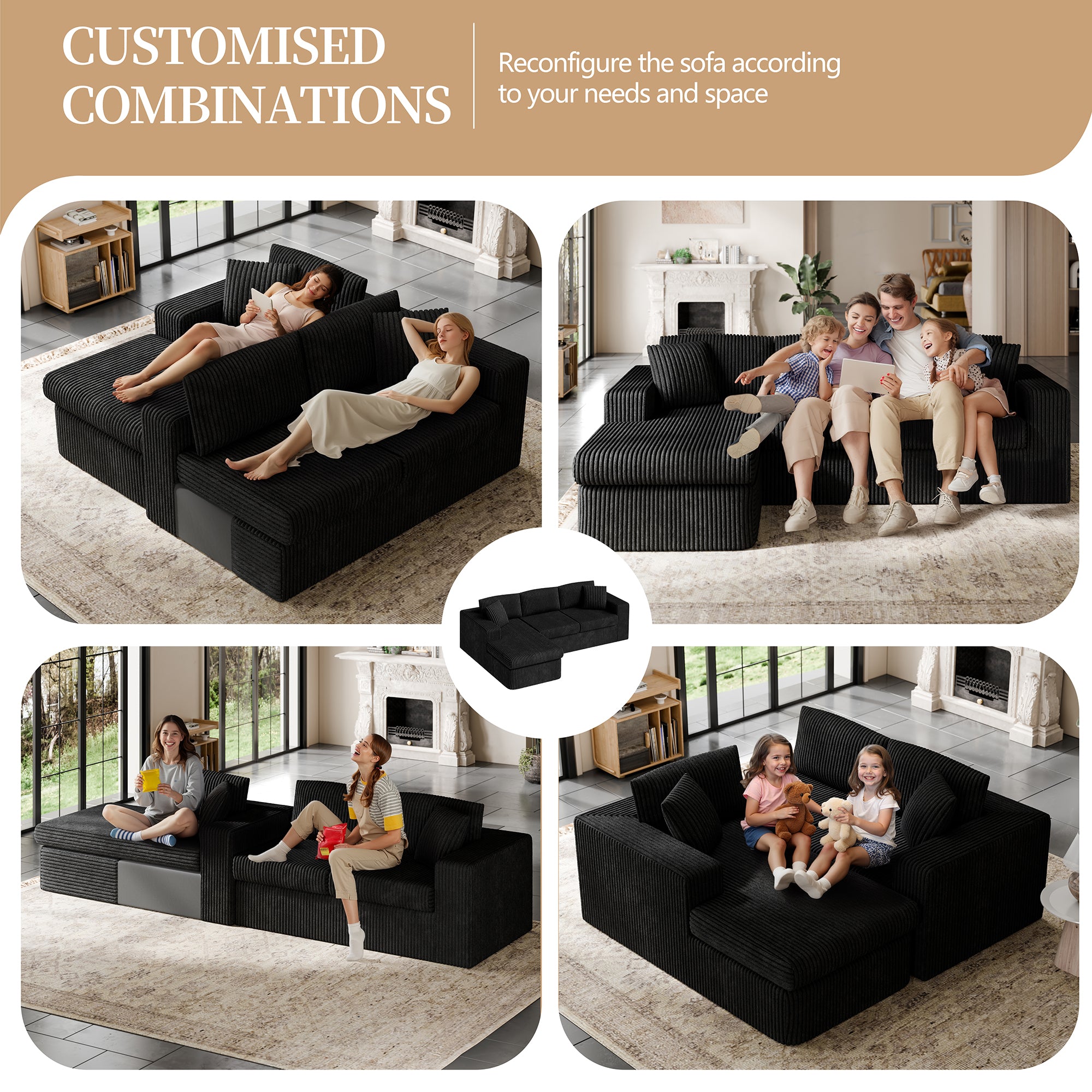 Vongrasig 105" Boneless Couches for Living Room, Sectional Couches Modular Sofa with L-Shaped Chaise, Memory Foam Comfy Cloud Couch with Plush Corduroy Fabric, No Assembly Required