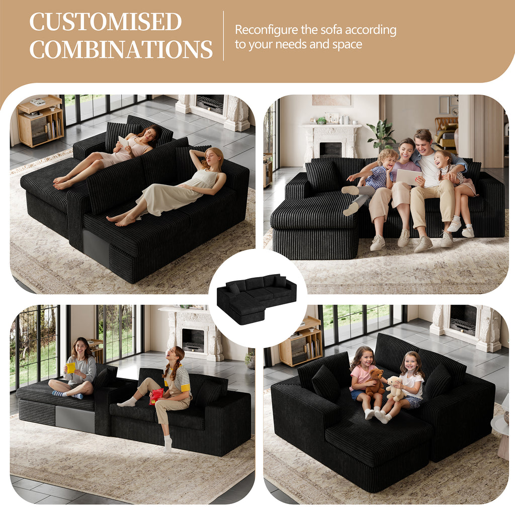 Vongrasig 105" Boneless Couches for Living Room, Sectional Couches Modular Sofa with L-Shaped Chaise, Memory Foam Comfy Cloud Couch with Plush Corduroy Fabric, No Assembly Required, Black