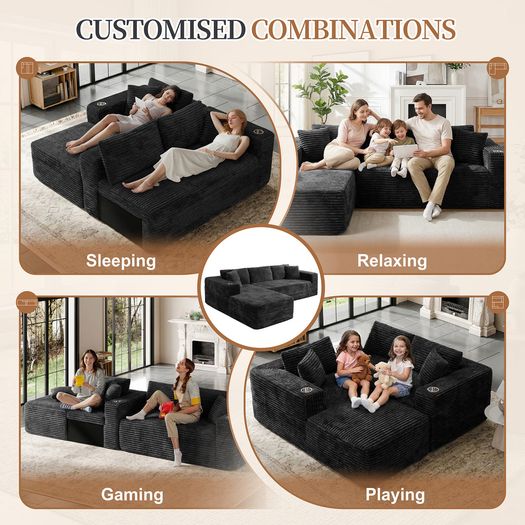 Vongrasig 103" Boneless Sectional Couches for Living Room, L-Shaped Chaise Modular Cloud Couch with Cup Holders on Armrests, Plush Corduroy Comfy Sofa with Memory Foam, No Assembly Required