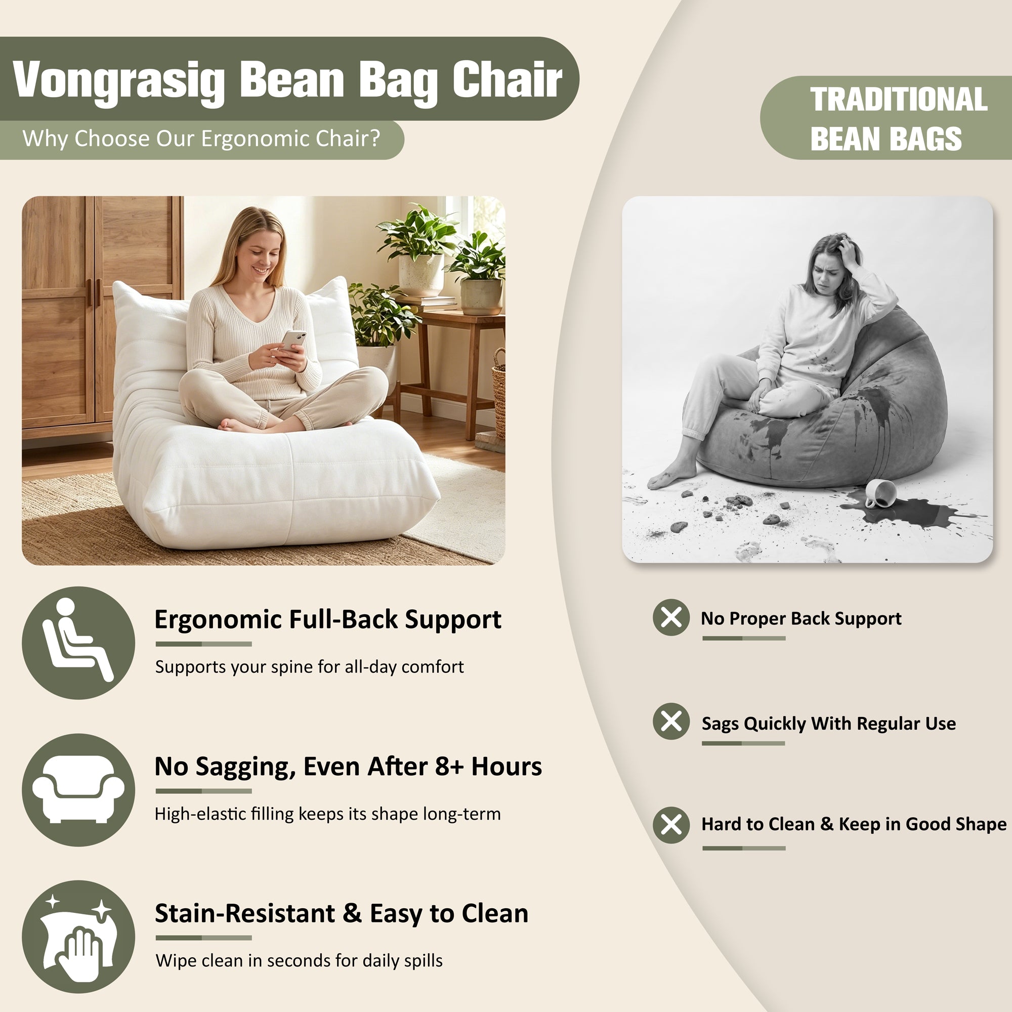 Vongrasig Bean Bag Chair for Adults, Line Fabric Lazy Sofa Couch, Memory Foam Filled Bean Bag Lounge Chair Perfect for Living Room, Bedroom and Office