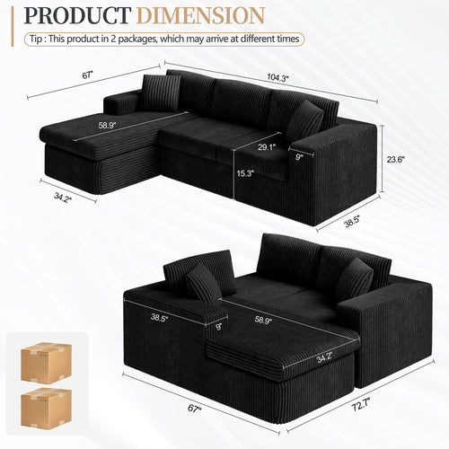 Vongrasig 105" Boneless Couches for Living Room, Sectional Couches Modular Sofa with L-Shaped Chaise, Memory Foam Comfy Cloud Couch with Plush Corduroy Fabric, No Assembly Required