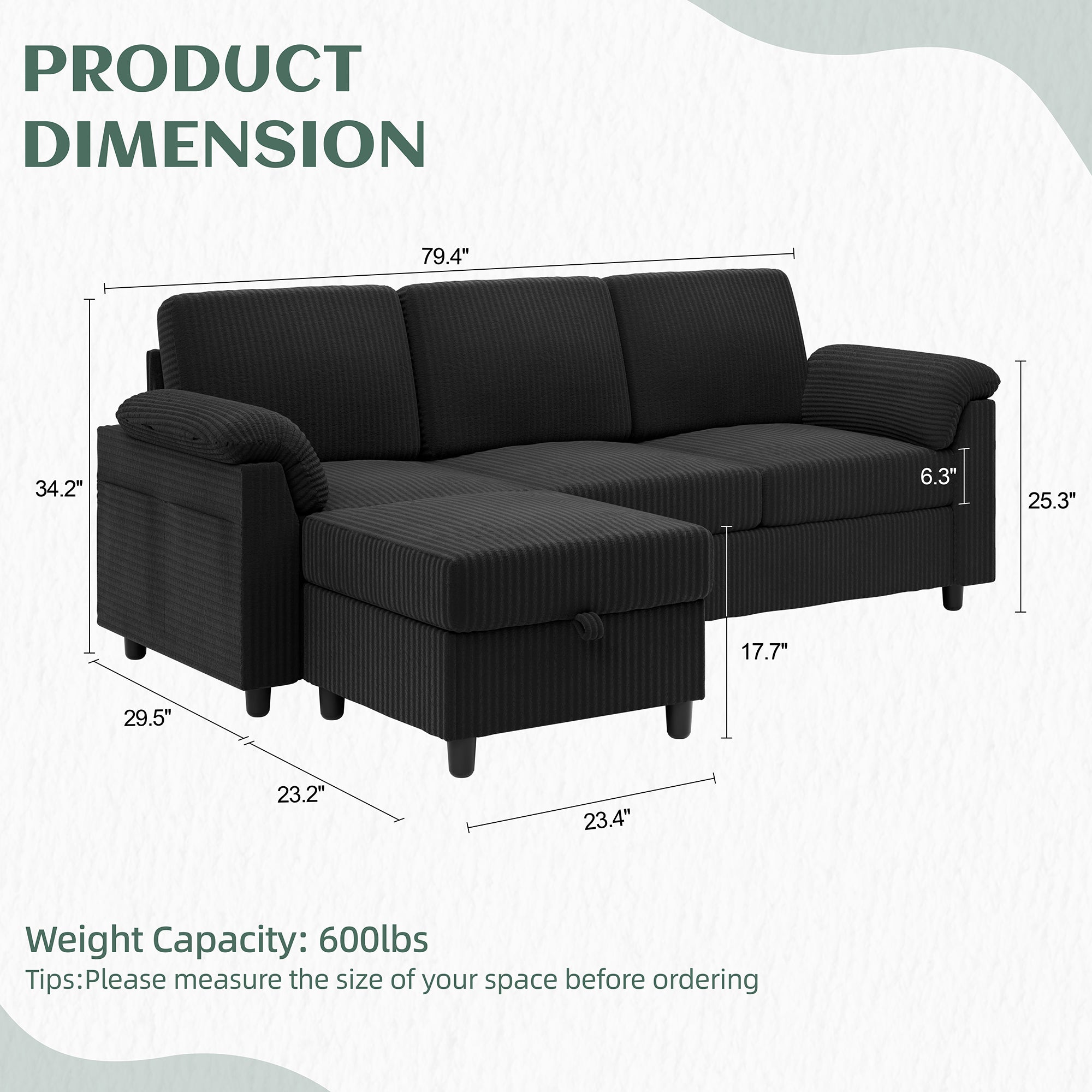 Vongrasig 79" Convertible Sectional Couches Sofa with Storage Ottoman, 3 Seat L Shaped Couch with Side Storage Pockage, Small Couches for Living Room, Apartment and Small Space