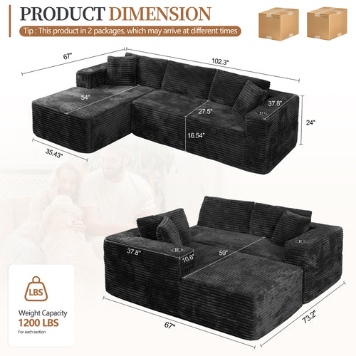 Vongrasig 103" Boneless Sectional Couches for Living Room, L-Shaped Chaise Modular Cloud Couch with Cup Holders on Armrests, Plush Corduroy Comfy Sofa with Memory Foam, No Assembly Required