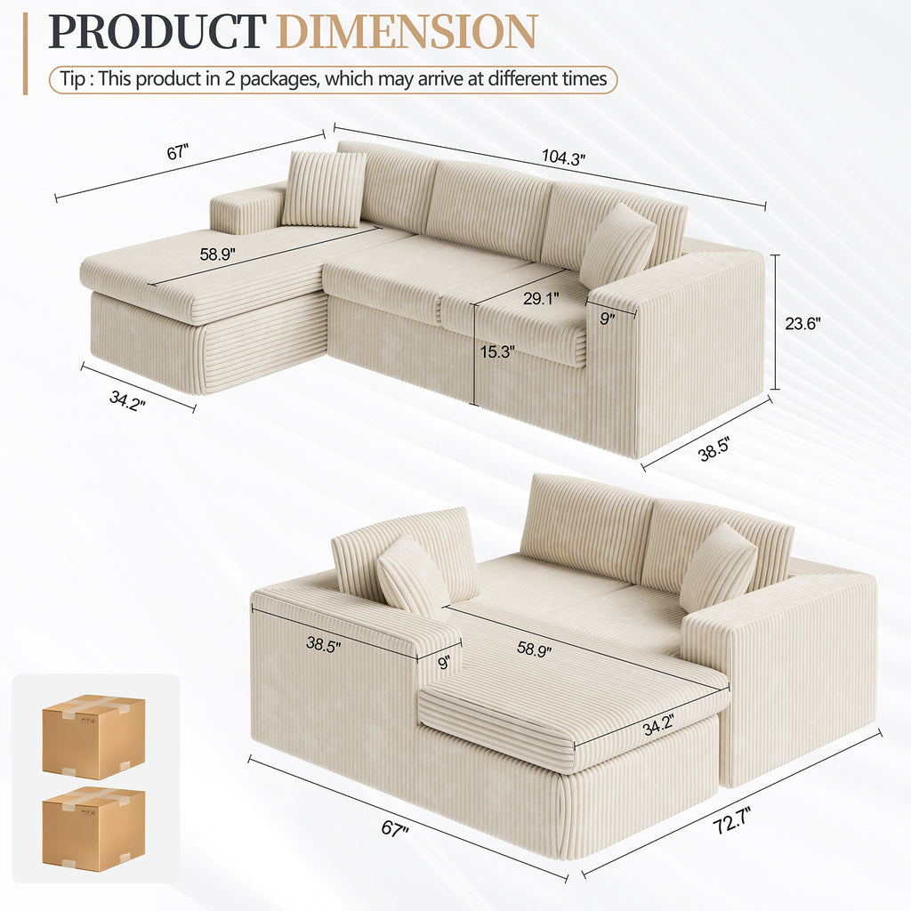 Vongrasig 105" Boneless Couches for Living Room, Sectional Couches Modular Sofa with L-Shaped Chaise, Memory Foam Comfy Cloud Couch with Plush Corduroy Fabric, No Assembly Required