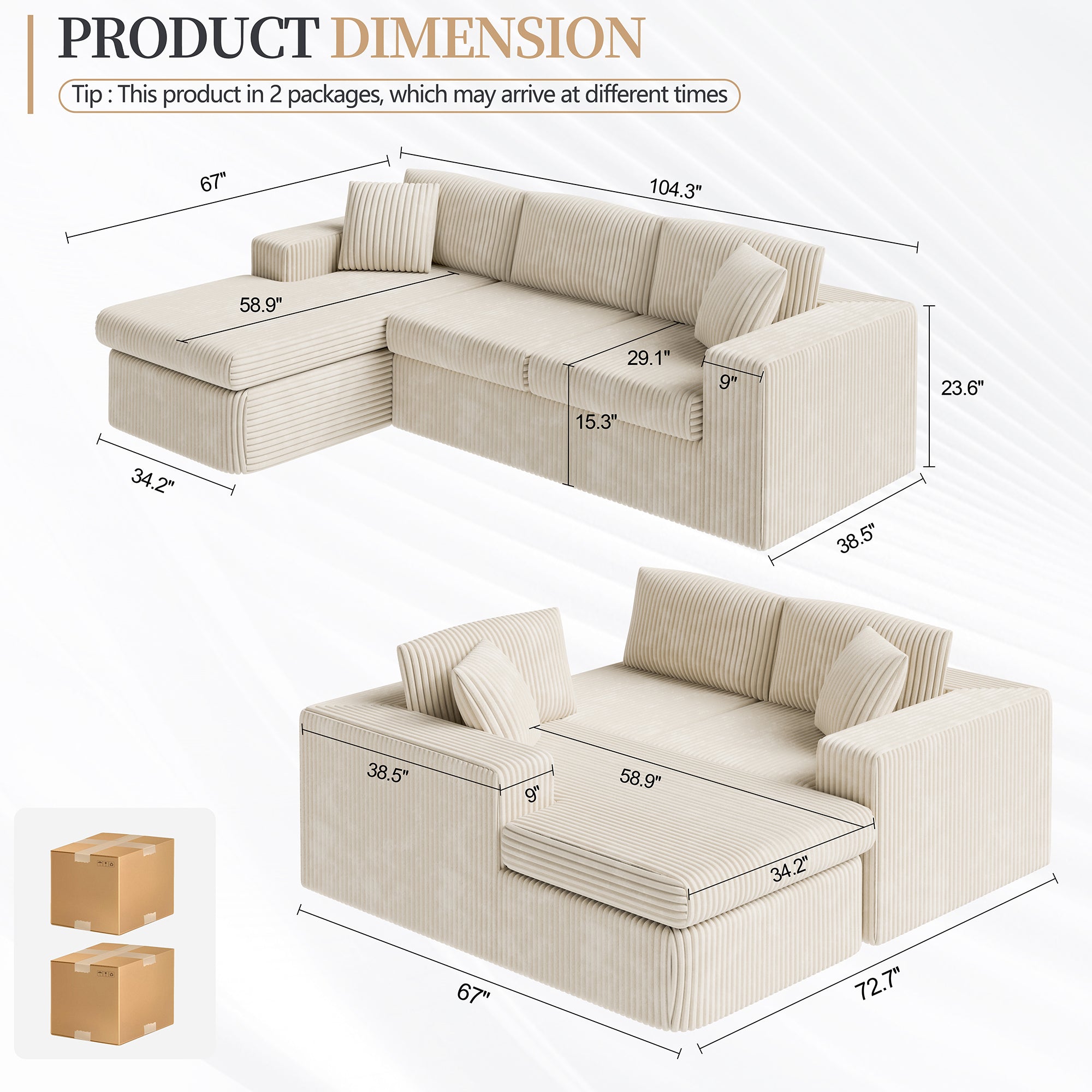 Vongrasig 105" Boneless Couches for Living Room, Sectional Couches Modular Sofa with L-Shaped Chaise, Memory Foam Comfy Cloud Couch with Plush Corduroy Fabric, No Assembly Required