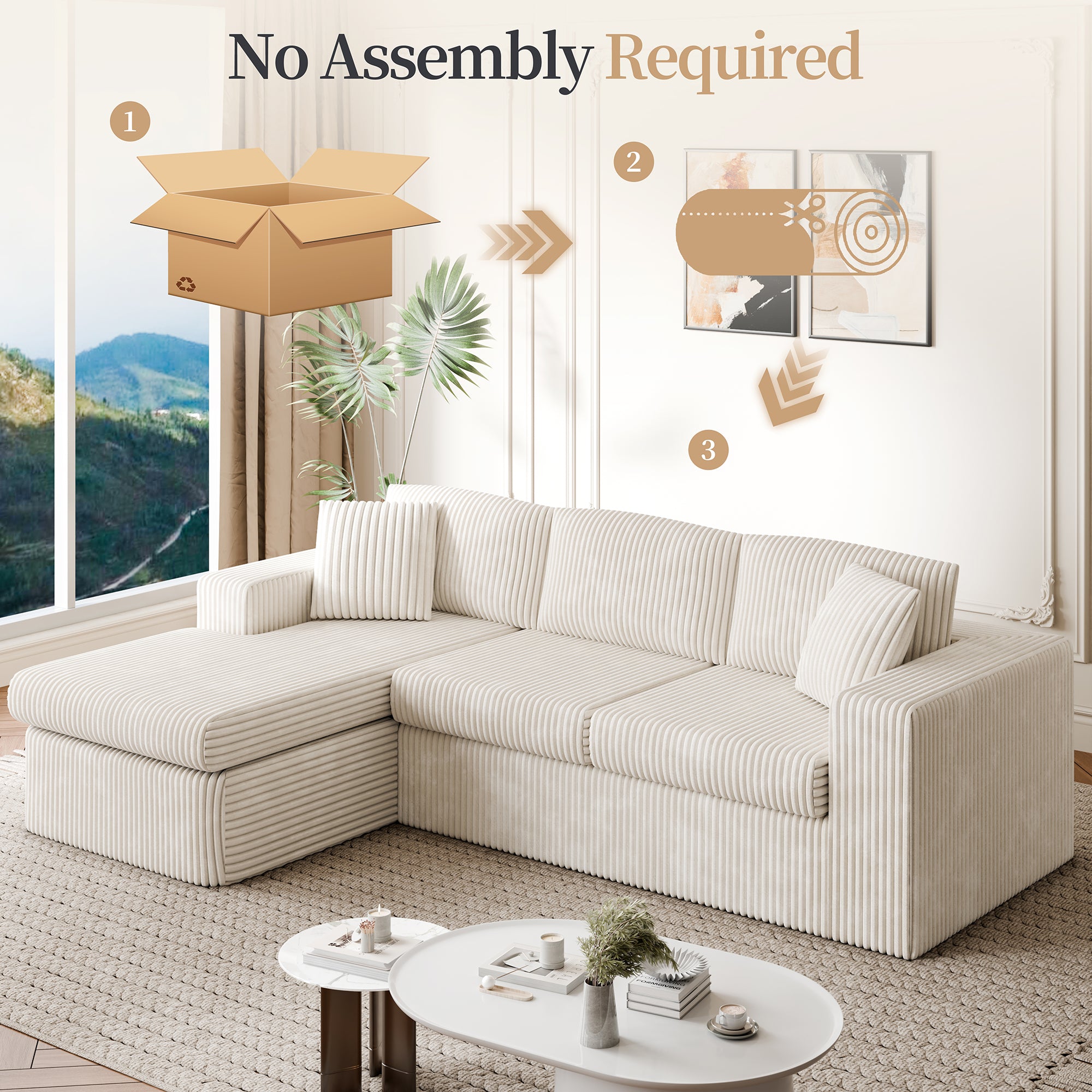 Vongrasig 105" Boneless Couches for Living Room, Sectional Couches Modular Sofa with L-Shaped Chaise, Memory Foam Comfy Cloud Couch with Plush Corduroy Fabric, No Assembly Required