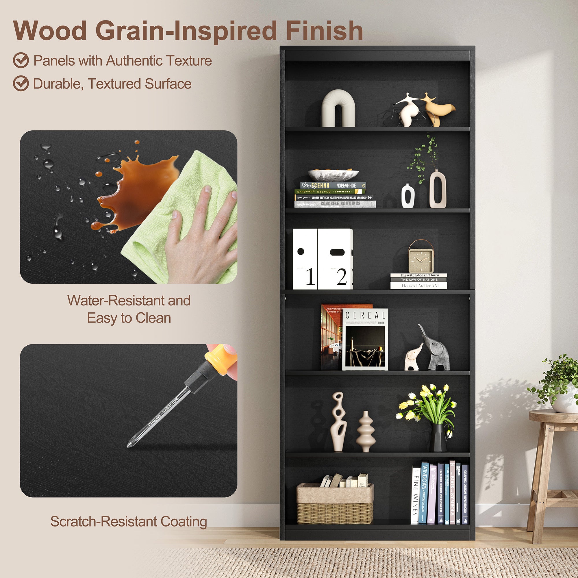 Vongrasig 6-Tier Open Bookshelf, Modern Wood Bookcase| 71" Tall Floor Standing Bookcase, Wood Display Storage Shelf for Home Office Living Room