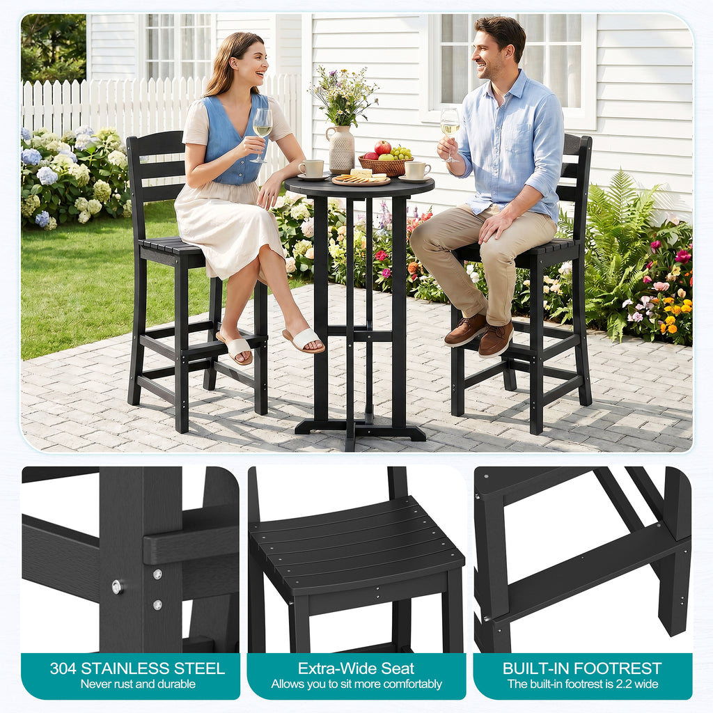 Vongrasig 3 Piece Patio Bar Set, All Weather HDPE High Bistro Stools Chair Set of 2 and Round Pub Bar Table, Outdoor High Top Patio Set for Lawn Garden, Balcony
