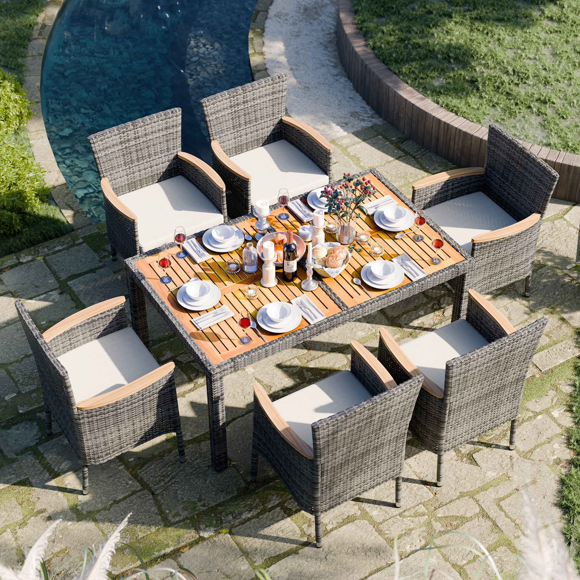 Walsunny 5 Pieces/ 7 Pieces Patio Dining Set, Square Wood Table (7047179927728)