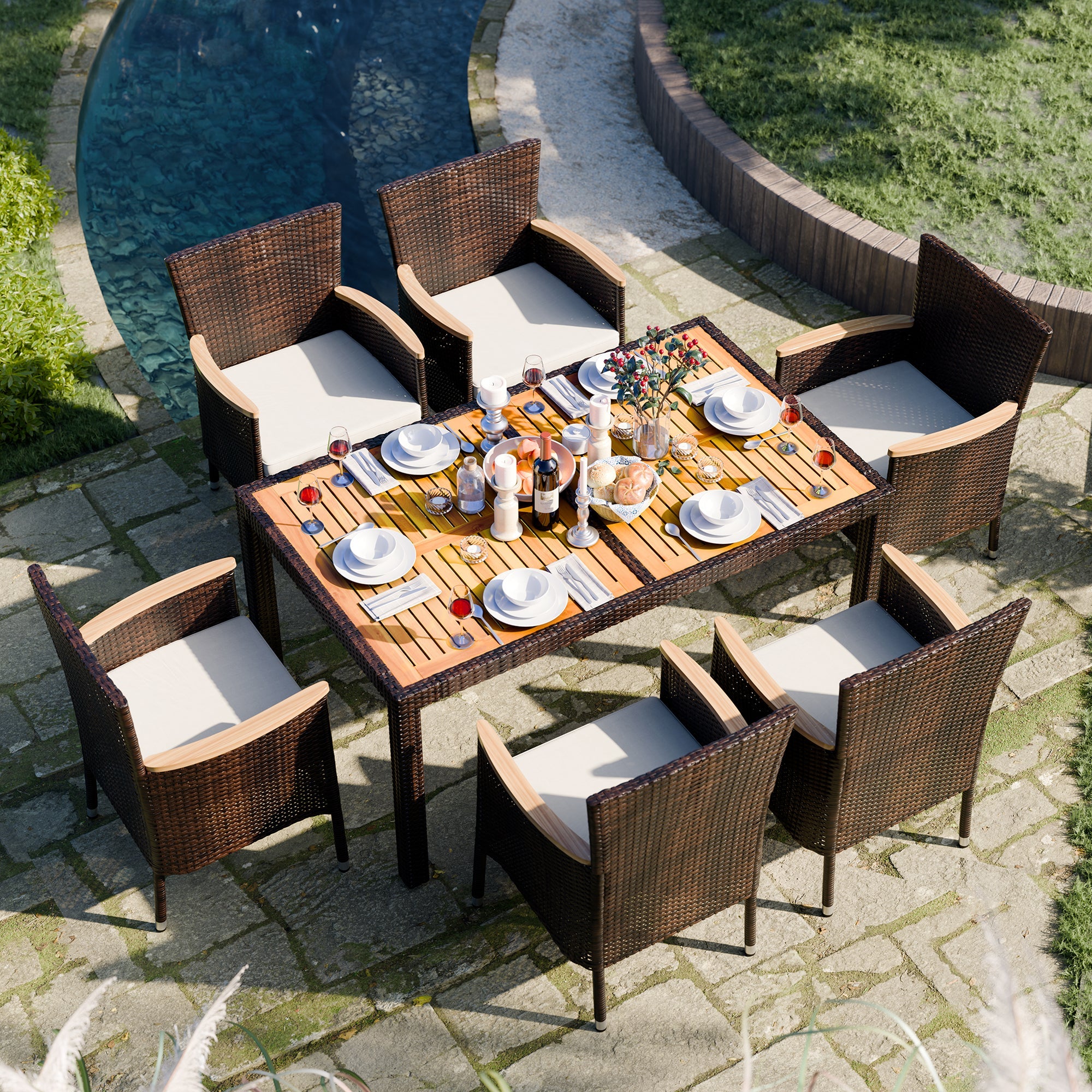 Walsunny 5 Pieces/ 7 Pieces Patio Dining Set, Square Wood Table (7047179927728)