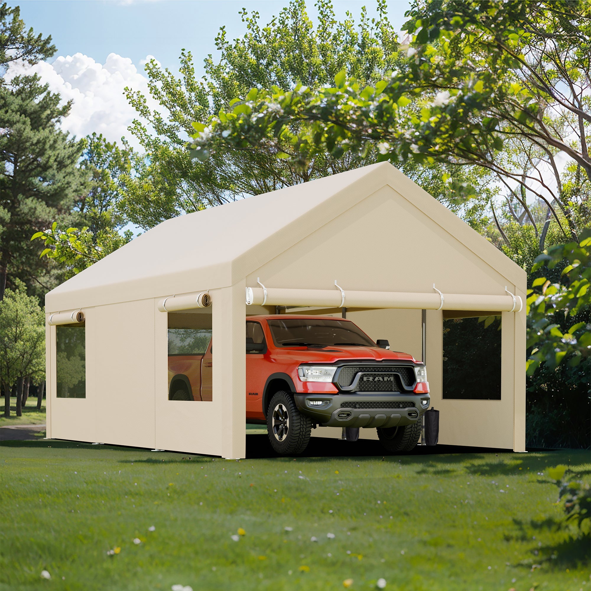 Walsunny Carport, 10x20 ft Heavy Duty Carport Canopy with Roll-up Windows, Portable Garage for Car, Truck, Boat (7404387926192)