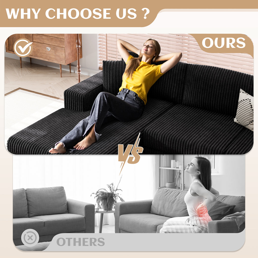 Vongrasig 105" Boneless Couches for Living Room, Sectional Couches Modular Sofa with L-Shaped Chaise, Memory Foam Comfy Cloud Couch with Plush Corduroy Fabric, No Assembly Required, Black