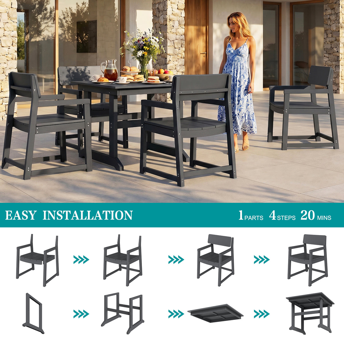 Vongrasig 5 Pieces Patio Dining Set, All Weather Outdoor HDPE Dining Furniture Set with Table and Chairs for 4, Garden Patio Furniture Set for Lawn, Backyard, Poolside
