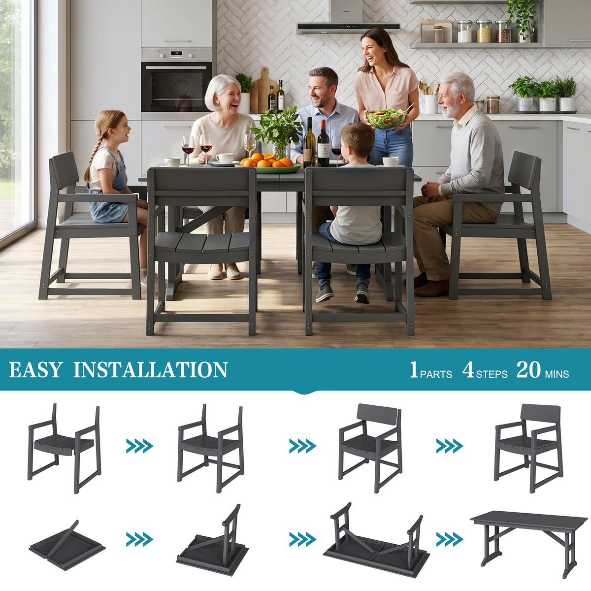 Vongrasig 5 Pieces Patio Dining Set, All Weather Outdoor HDPE Dining Furniture Set with Table and Chairs for 4, Garden Patio Furniture Set for Lawn, Backyard, Poolside