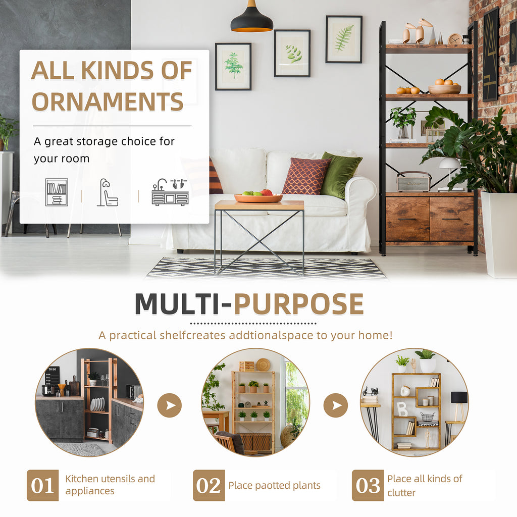 Vongrasig 5 Tier Bookshelf with Drawer, Industrial Tall Narrow Bookcase, Display Shelf Modern Wood and Metal Bookshelves, Free Standing Storage Organizer for Office, Living Room