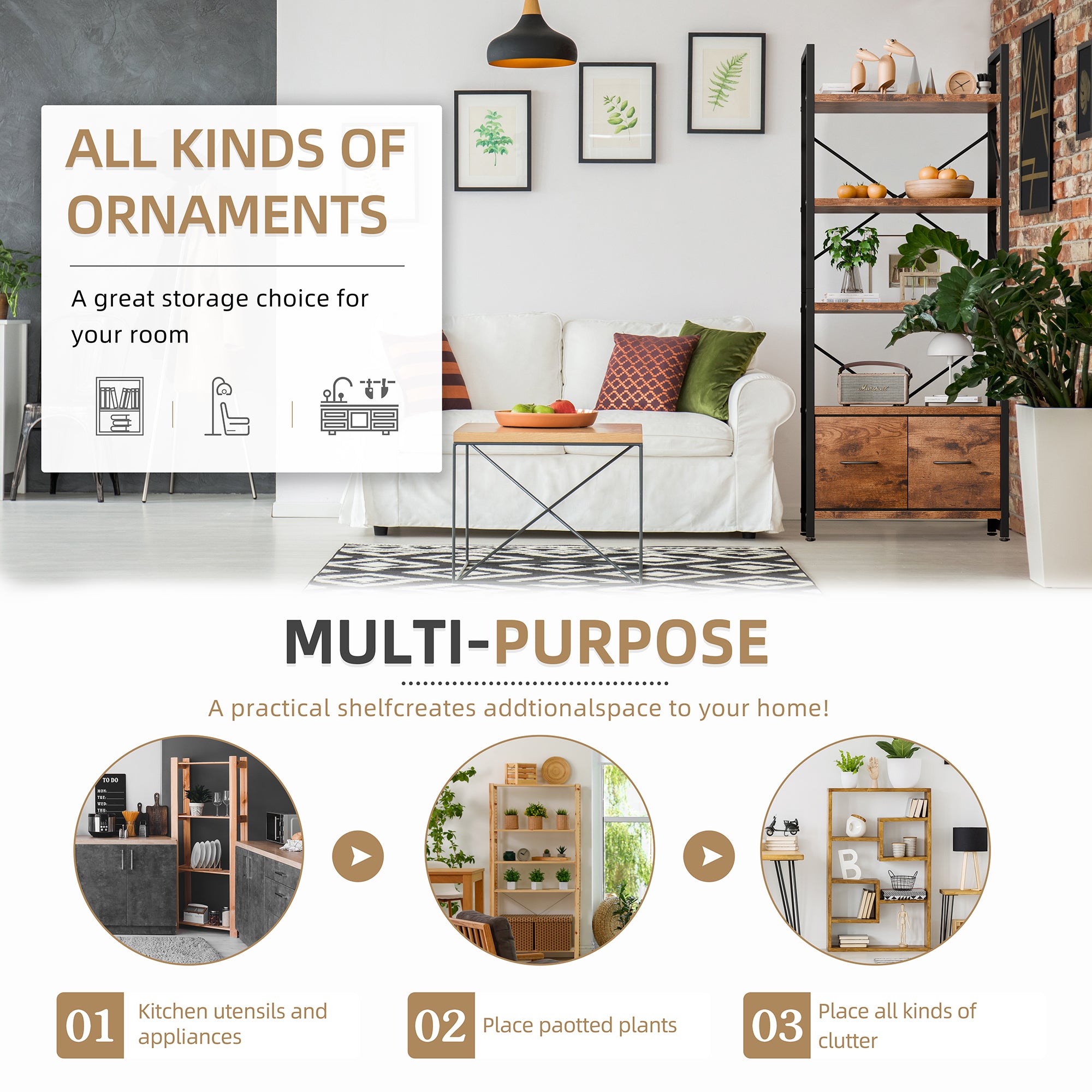 Vongrasig 5 Tier Bookshelf with Drawer, Industrial Tall Narrow Bookcase, Display Shelf Modern Wood and Metal Bookshelves, Free Standing Storage Organizer for Office, Living Room