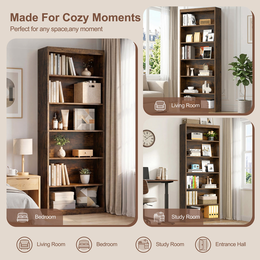 Vongrasig 6-Tier Open Bookshelf, Modern Wood Bookcase| 71" Tall Floor Standing Bookcase, Wood Display Storage Shelf for Home Office Living Room