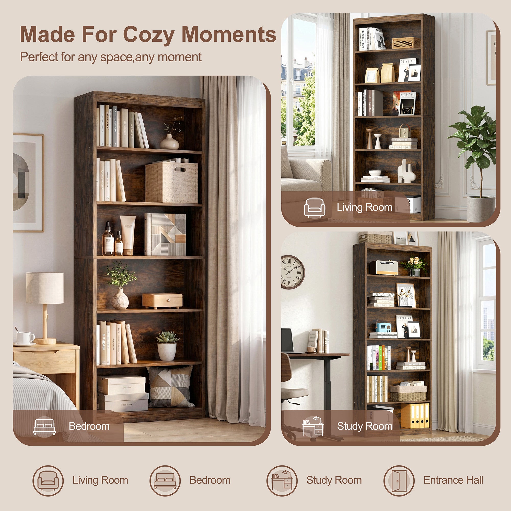 Vongrasig 6-Tier Open Bookshelf, Modern Wood Bookcase| 71" Tall Floor Standing Bookcase, Wood Display Storage Shelf for Home Office Living Room