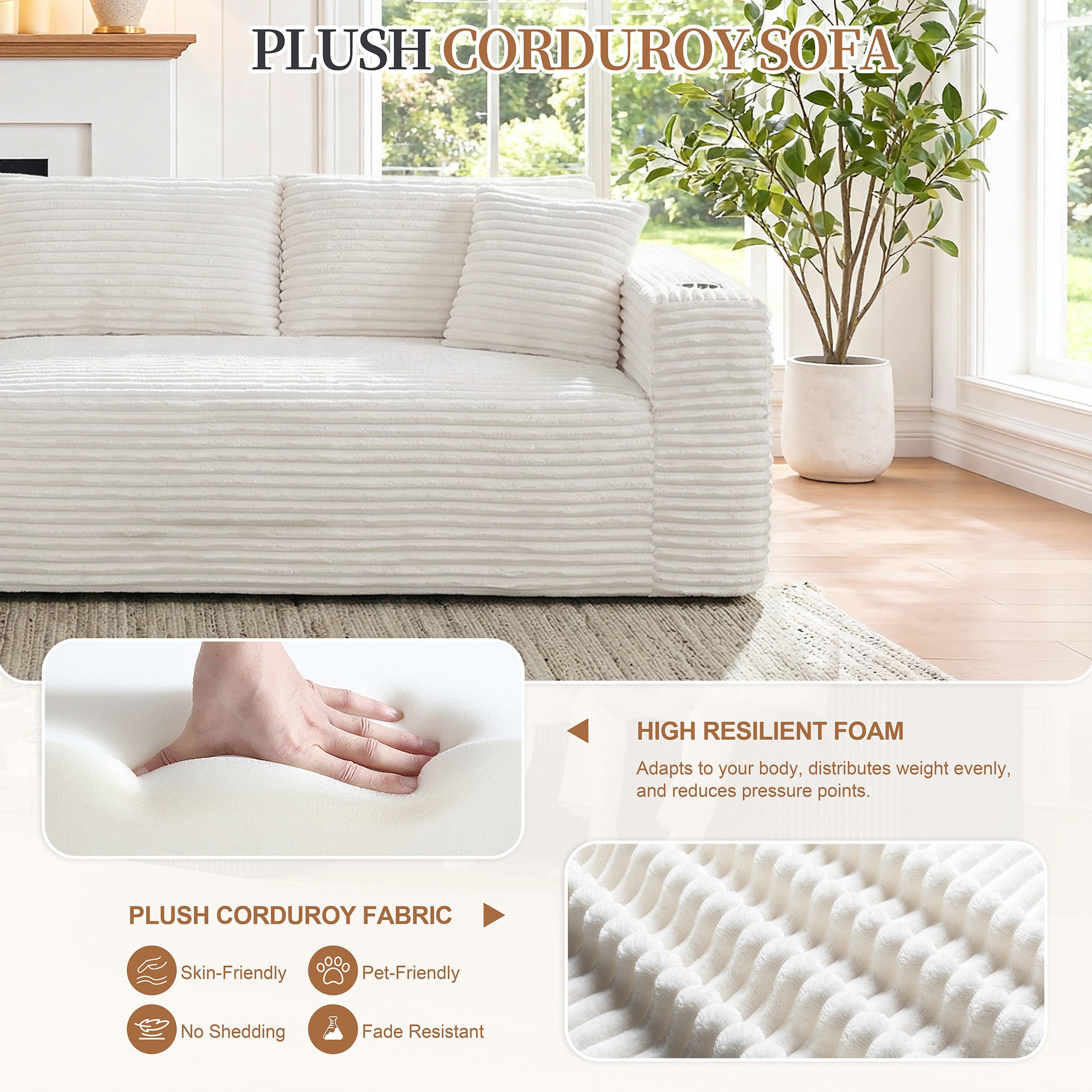 Vongrasig 103" Boneless Sectional Couches for Living Room, L-Shaped Chaise Modular Cloud Couch with Cup Holders on Armrests, Plush Corduroy Comfy Sofa with Memory Foam, No Assembly Required