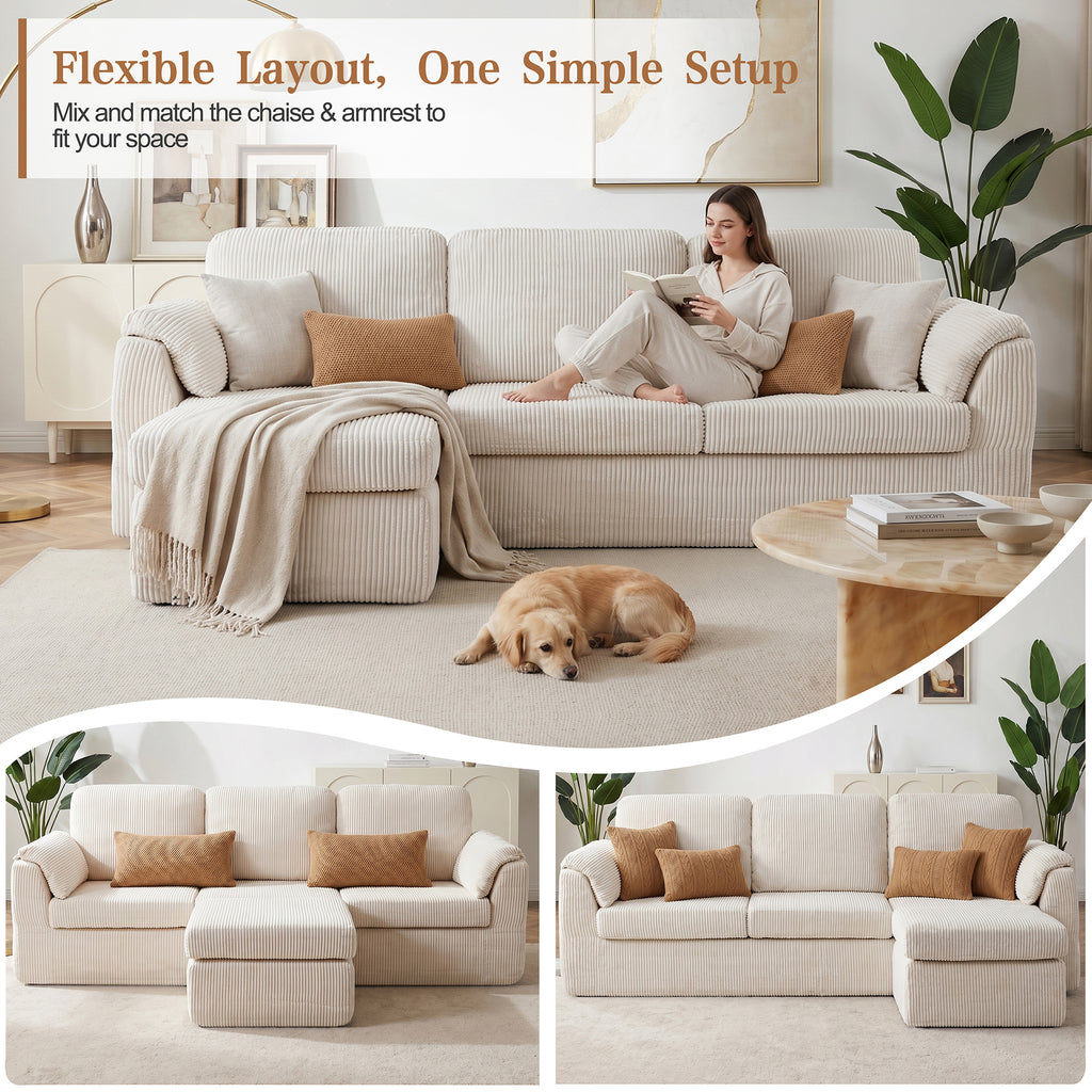 Vongrasig Boneless Convertible Sectional Sofa Couch, 3 Seat L Shaped Sofa with Removable Pillows Plush Corduroy Fabric Small Couches for Living Room, Apartment and Office