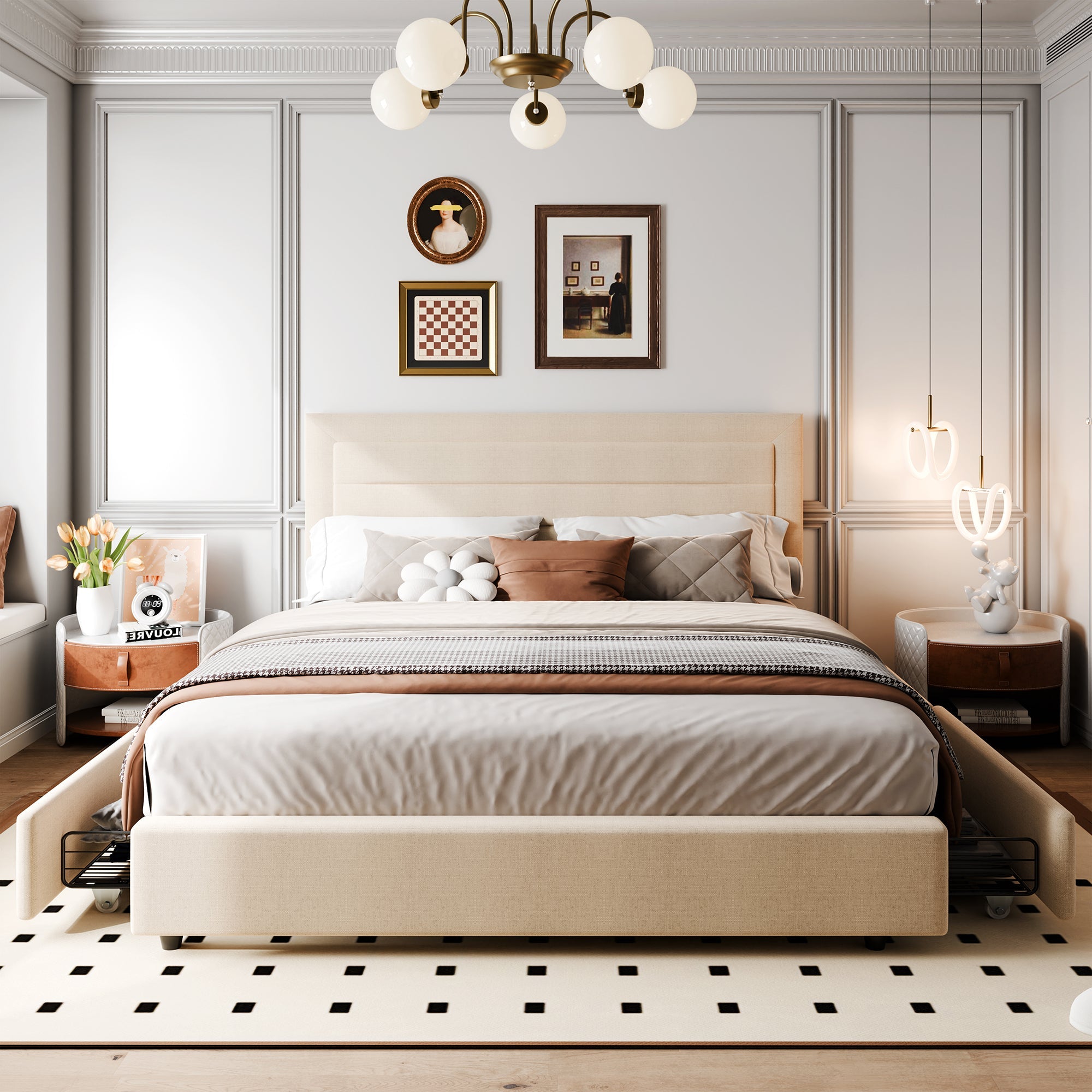 Walsunny Bed Frame with 4 Storage Drawee, Platform Bed with Upholstered Modern Geometric Lines Headboard, Solid Wood Slats Support (7504162390192)