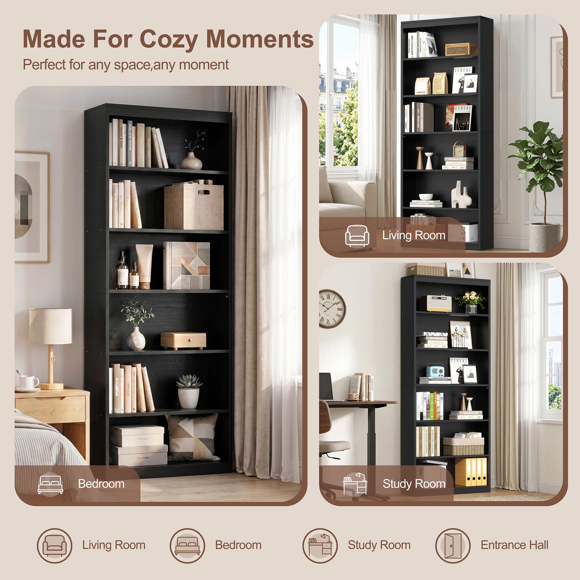 Vongrasig 6-Tier Open Bookshelf, Modern Wood Bookcase| 71" Tall Floor Standing Bookcase, Wood Display Storage Shelf for Home Office Living Room
