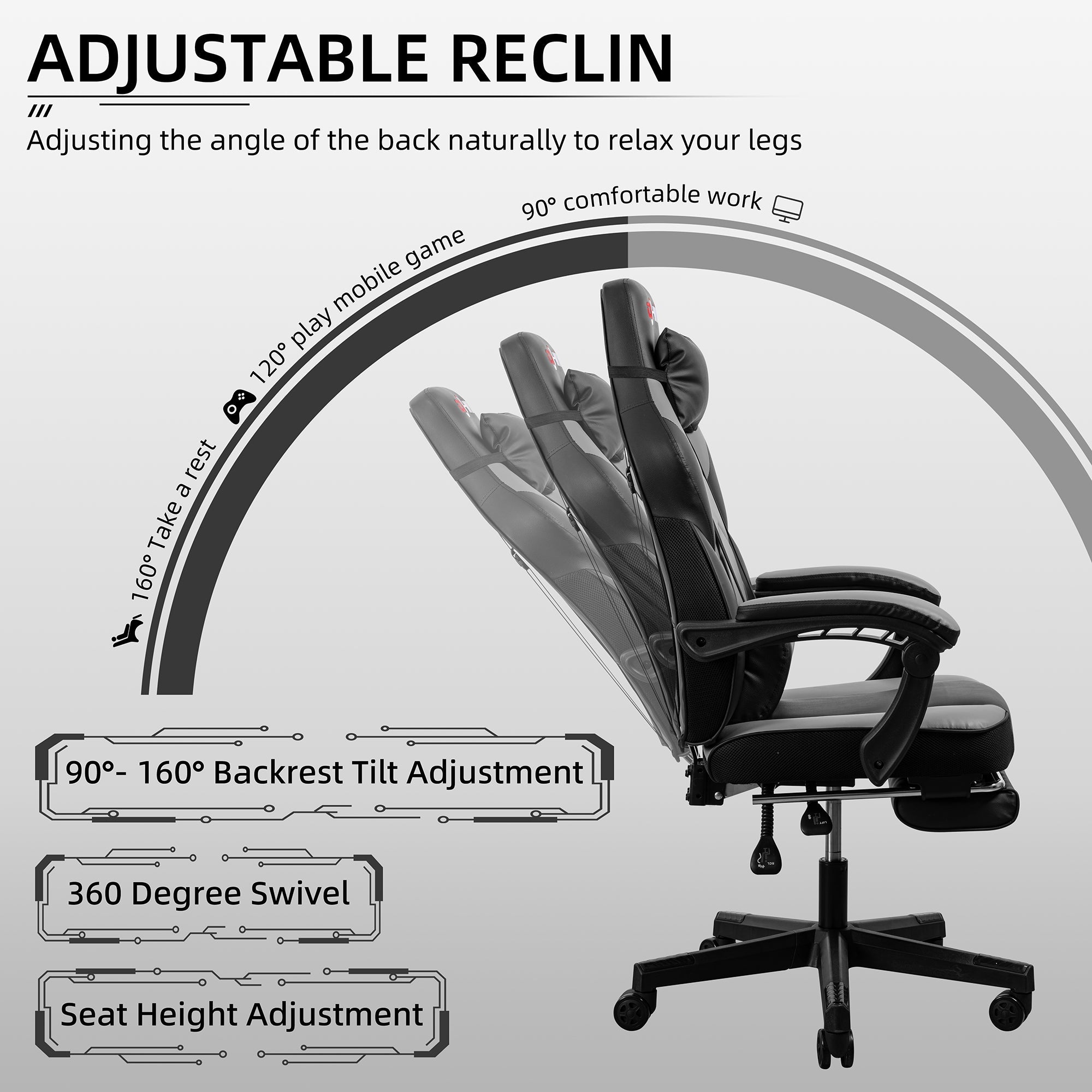Gaming Chairs  Walsunny Gaming Chairs with Footrest, Massage Leather Game Chair for Adults Big and Tall Gamer Chair with Headrest and Lumbar Support with Ergonomic PU Leather  #color_grey