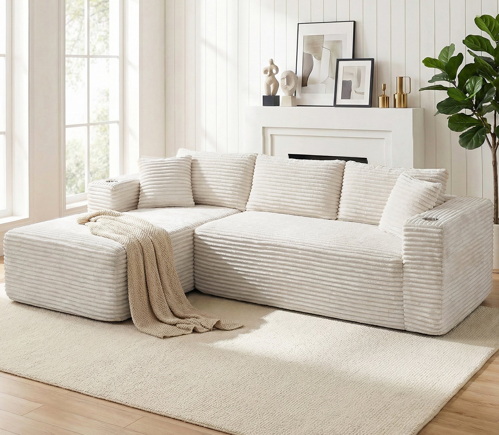 Vongrasig 103" Boneless Sectional Couches for Living Room, L-Shaped Chaise Modular Cloud Couch with Cup Holders on Armrests, Plush Corduroy Comfy Sofa with Memory Foam, No Assembly Required