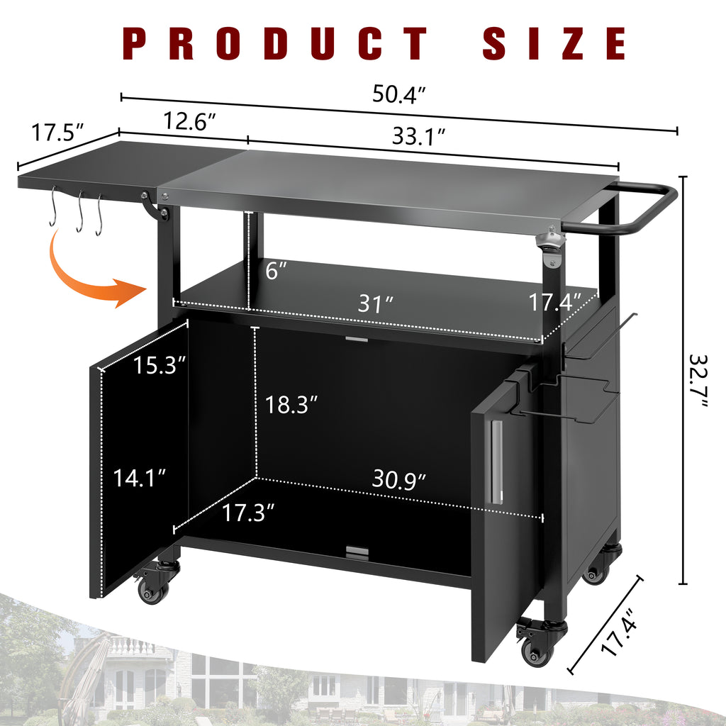 Vongrasig Outdoor Grill Cart, Patio Kitchen Island with Storage, Outdoor Bar Table BBQ Cart Pizza Oven Table with Foldable Stainless Steel Top & Wheels