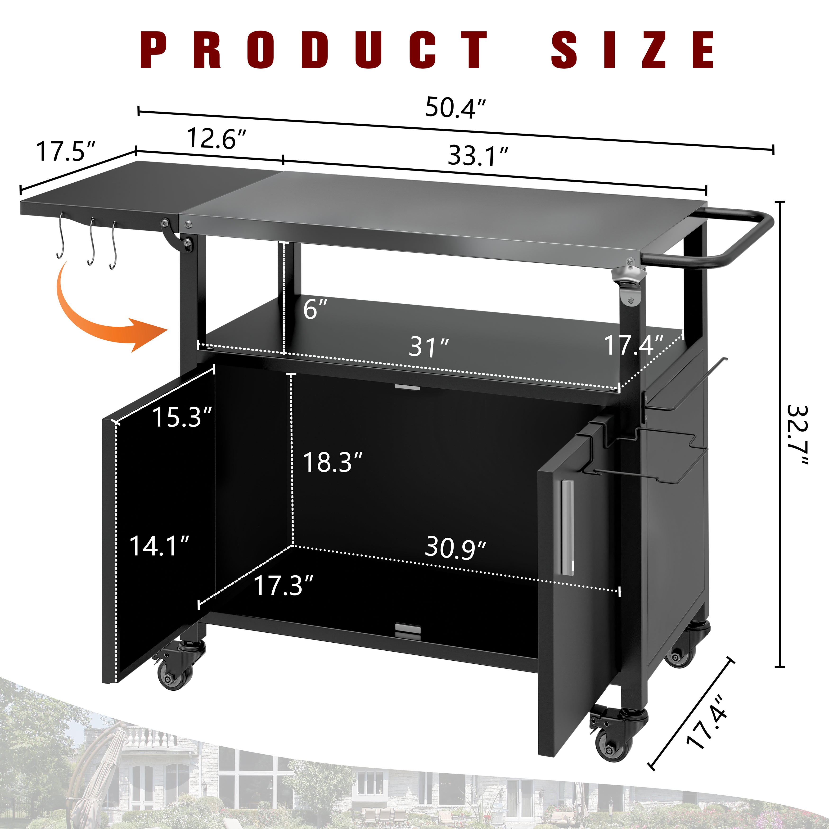 Vongrasig Outdoor Grill Cart, Patio Kitchen Island with Storage, Outdoor Bar Table BBQ Cart Pizza Oven Table with Foldable Stainless Steel Top & Wheels