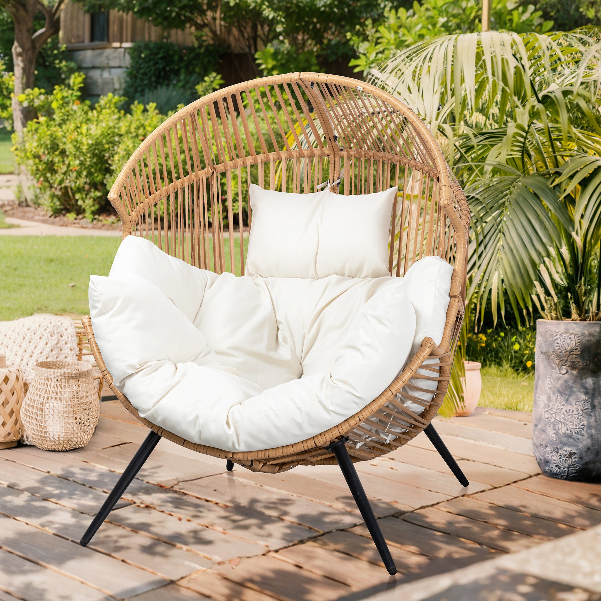 Vongrasig Outdoor Wicker Egg Chair PE Rattan Chair with Cushion, Oversized Patio Lounge Chair for Outdoor, Indoor, Balcony, Backyard, Garden